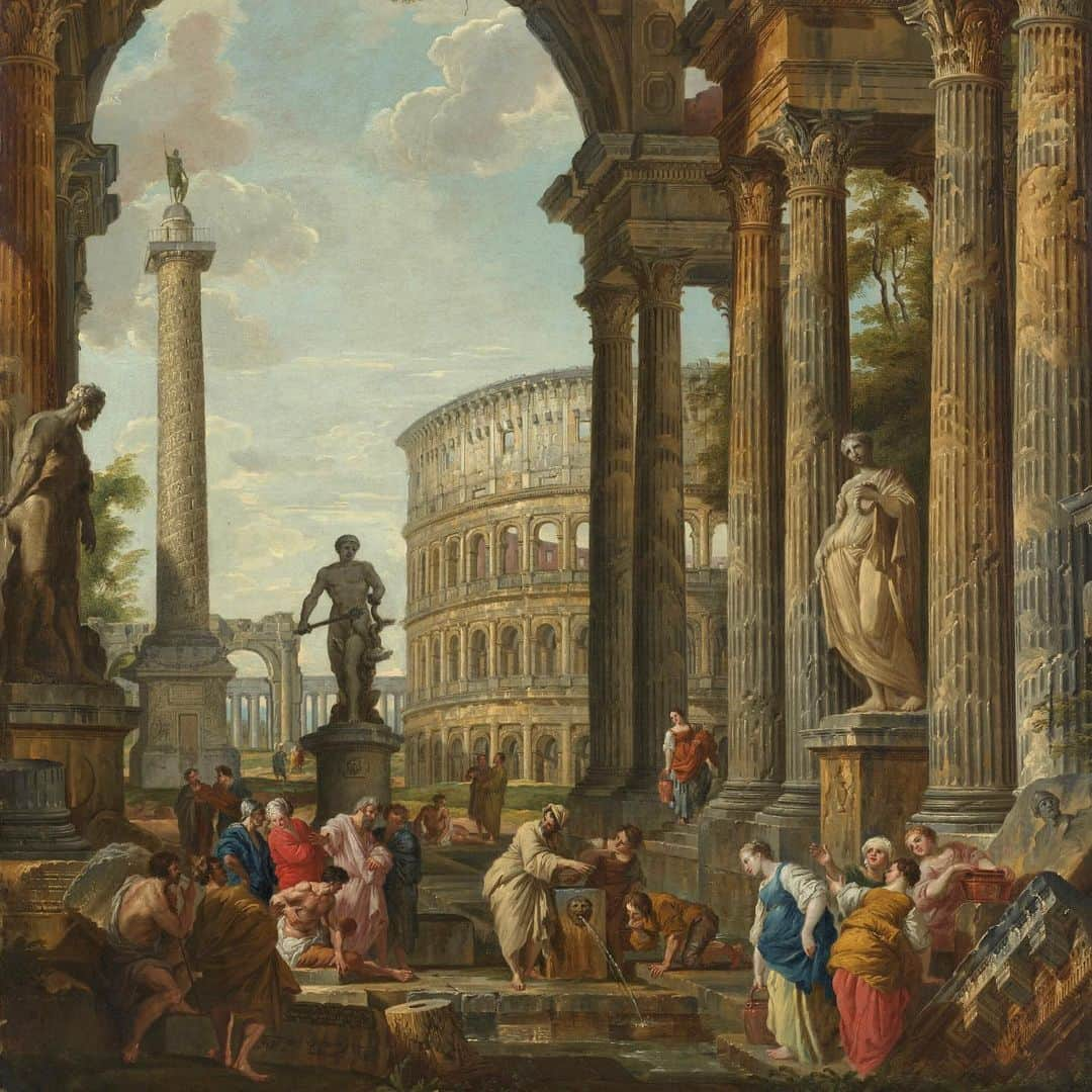 クリスティーズのインスタグラム：「Giovanni Paolo Panini was the foremost painter of vedute in Rome in the mid-eighteenth century. 🎨⁣ ⁣ Panini trained under Giuseppe Natali and Andrea Galluzzi, from whom he mastered perspective, and the set designer Francesco Galli Bibiena, from whom he learned to stage his compositions for optimal dramatic effect.⁣ ⁣ In 1711, he settled in Rome. Panini rapidly became one of the most successful painters in the city, obtaining the patronage of leading collectors like Pope Innocent XIII.⁣ ⁣ Here can be seen the Farnese Herculese, Trajan's Column, the Arch of Titus, Hercules and the Hydra and the Flora Farnese. By including all these elements, Panini created a composition that would have appealed to the large number of Grand Tourists in Rome, who were looking for souvenirs of their travels.⁣ ⁣ Giovanni Paolo Panini (1691-1765). Estimate: £200,000-£300,000.⁣ ⁣ 🗓 Ancient to Modern Art from the Mougins Museum of Classical Art, Part I: Live Auction | 7 December, London.⁣ ⁣ #MouginsMuseum #GiovanniPaoloPanini #ClassicWeek」