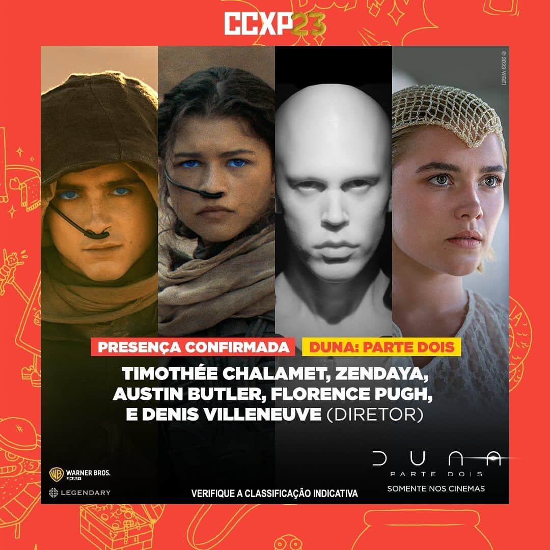 Hugo Glossのインスタグラム：「Esse momento é TODO nosso! 🤩 A #CCXP23 acaba de anunciar as participações imperdíveis do evento. Timothée Chalamet, Zendaya, Austin Butler, Florence Pugh, Anya Taylor-Joy, Chris Hemsworth, Jason Momoa, Sandy e outras estrelas estão confirmadas. Os dias do evento estão divididos entre a próxima quinta-feira (30) e o domingo, 3 de dezembro. Quem vai?(📸: @ccxpoficial)」