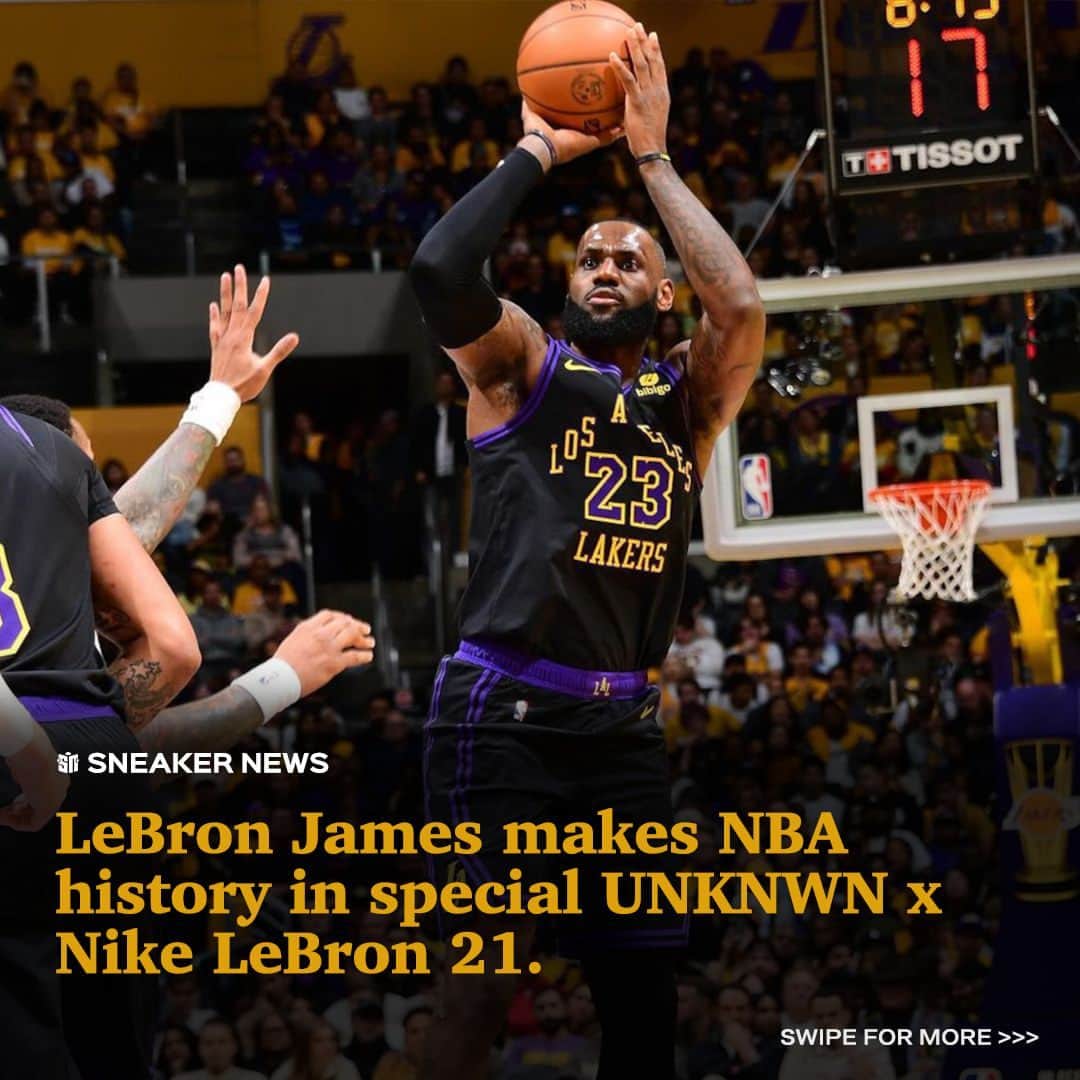 Sneaker Newsのインスタグラム：「Last night, @kingjames made NBA history (again) 👑⁠ ⁠ LeBron James became the first player in the league to surpass 39,000 career points. The occasion was marked by a dominant victory against the Utah Jazz in the NBA's first in-season tournament, as well as a special Nike LeBron 21 pair by @unknwn. Currently, the shoe is for 'Friends & Family' only.⁠ ⁠ Tap the LINK IN BIO for more details.⁠」