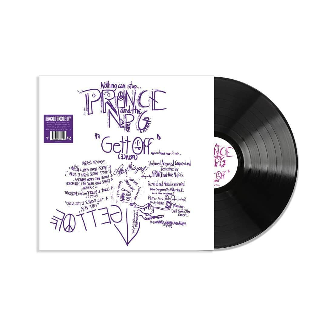 プリンスのインスタグラム：「In case you missed it, the recreation of the one-sided promo 12” for “Gett Off” with the “damn near 10 minutes” mix on one side with a blank flip side is available for RSD Black Friday! 💿💜 Find a store participating near you at the link in bio! #RecordStoreDay #RSDBlackFriday」