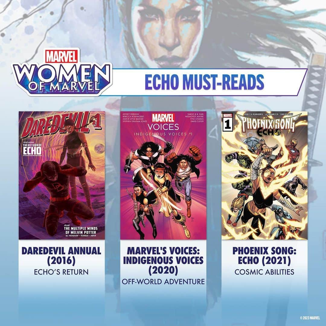 Marvel Entertainmentのインスタグラム：「From Kingpin’s pawn to a host of the Phoenix Force — explore a few of Echo’s must-read #MarvelComics and dive into her backstory on the #WomenOfMarvel podcast.   🎧 Listen to the new episode featuring interviews with writers @rebeccaroanhorse and @misty_flores and Marvel Studios’ #Echo Director @sydneyfreeland.」