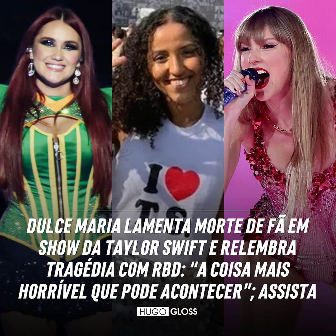 Hugo Glossのインスタグラム：「Dulce Maria foi questionada sobre a morte de Ana Benevides, fã de Taylor Swift que faleceu no dia 17 de novembro, em show da #TheErasTour no Rio. Ao chegar ao México, após turnê no Brasil com o RBD, a cantora lamentou o ocorrido e relembrou a morte dos três fãs durante passagem da banda por aqui, em 2006. A inesquecível Roberta Pardo também refletiu sobre o que o grupo aprendeu após o incidente e prestou solidariedade aos familiares de Ana.  ➡️ Leia e assista, clicando no link da bio ou no destaque “NEWS”. (📸: Van Campos/Agnews; Roberto Filho/Brazil News; Arquivo Pessoal)」