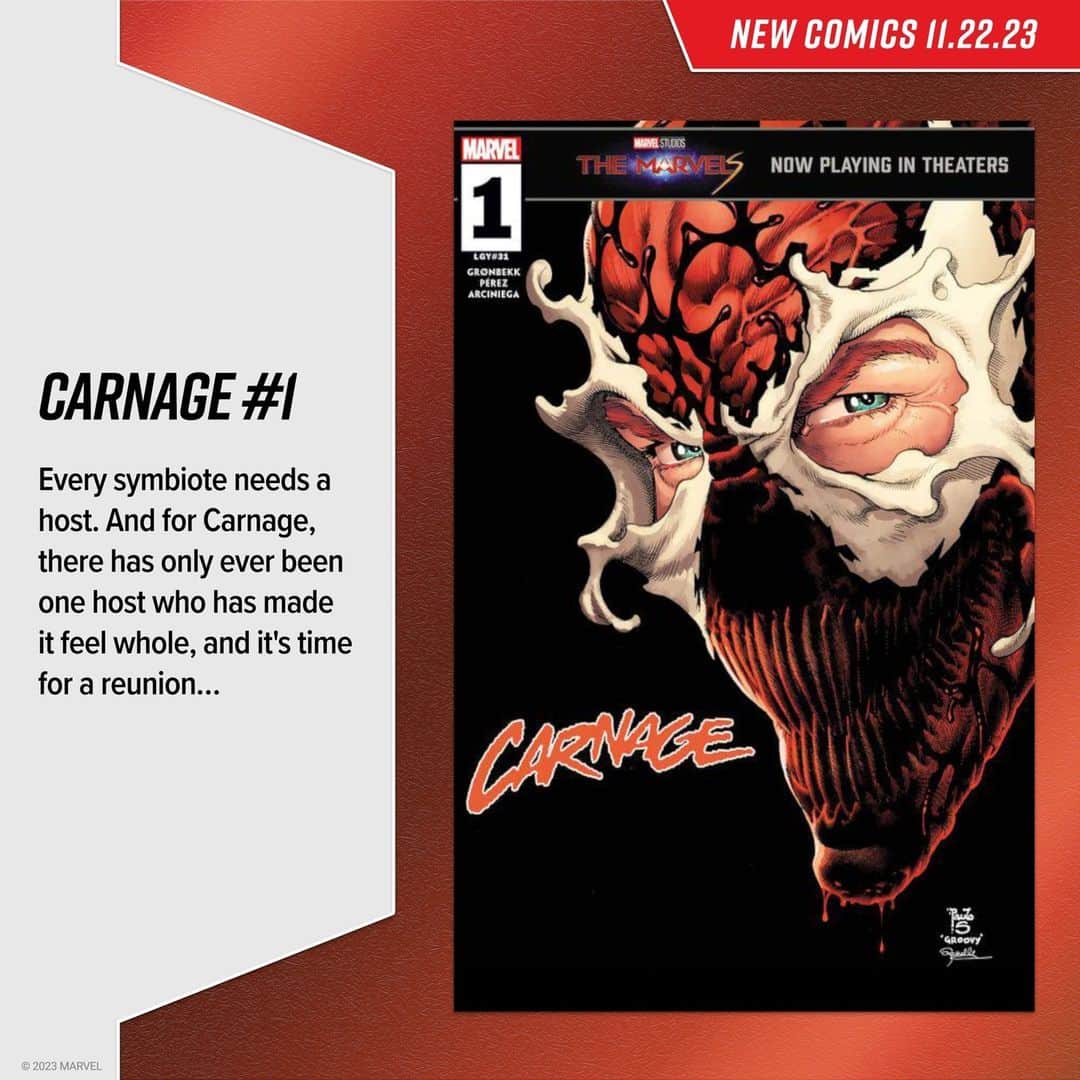 Marvel Entertainmentのインスタグラム：「Don't miss the shocking start to the next chapter of Carnage's story! Explore 'Carnage' #1 and more #MarvelComics out today. #NCBD」
