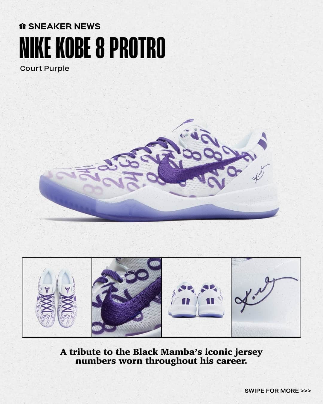 Sneaker Newsのインスタグラム：「Which one of 🖤🐍's jersey numbers do you like more - 8️⃣ or 2️⃣4️⃣?⁠ ⁠ Nike Kobe 8 Protro "Court Purple" dropping February 8th, 2024! LINK IN BIO for a closer look...」