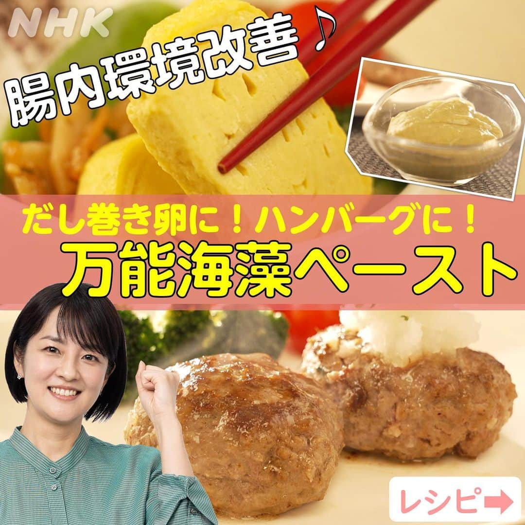 あさイチのインスタグラム：「＼やせ菌倍増！？海藻の食物繊維パワー✨／  わかめや昆布といった海藻には、 内臓脂肪を燃やす腸内細菌を増やしてくれる 「アルギン酸」という食物繊維が入っているって 知っていましたか！？😲  とろろ昆布とベーキングパウダーで作る ”海藻ペースト”を使えば ふだんの料理でも 簡単に「アルギン酸」をとることができるんです！  スタジオで磯山さん&華丸さんが大絶賛していた ハンバーグ&だし巻き卵のレシピも載せています😋 ぜひ【保存】して、試してみてくださいね。  @nhk_asaichi #海藻 #アルギン酸 #腸内細菌 #海藻レシピ #ハンバーグ #だし巻き卵 #とろろ昆布 #レシピ #食物繊維 #鈴木奈穂子 アナ #nhk #あさイチ #8時15分から」