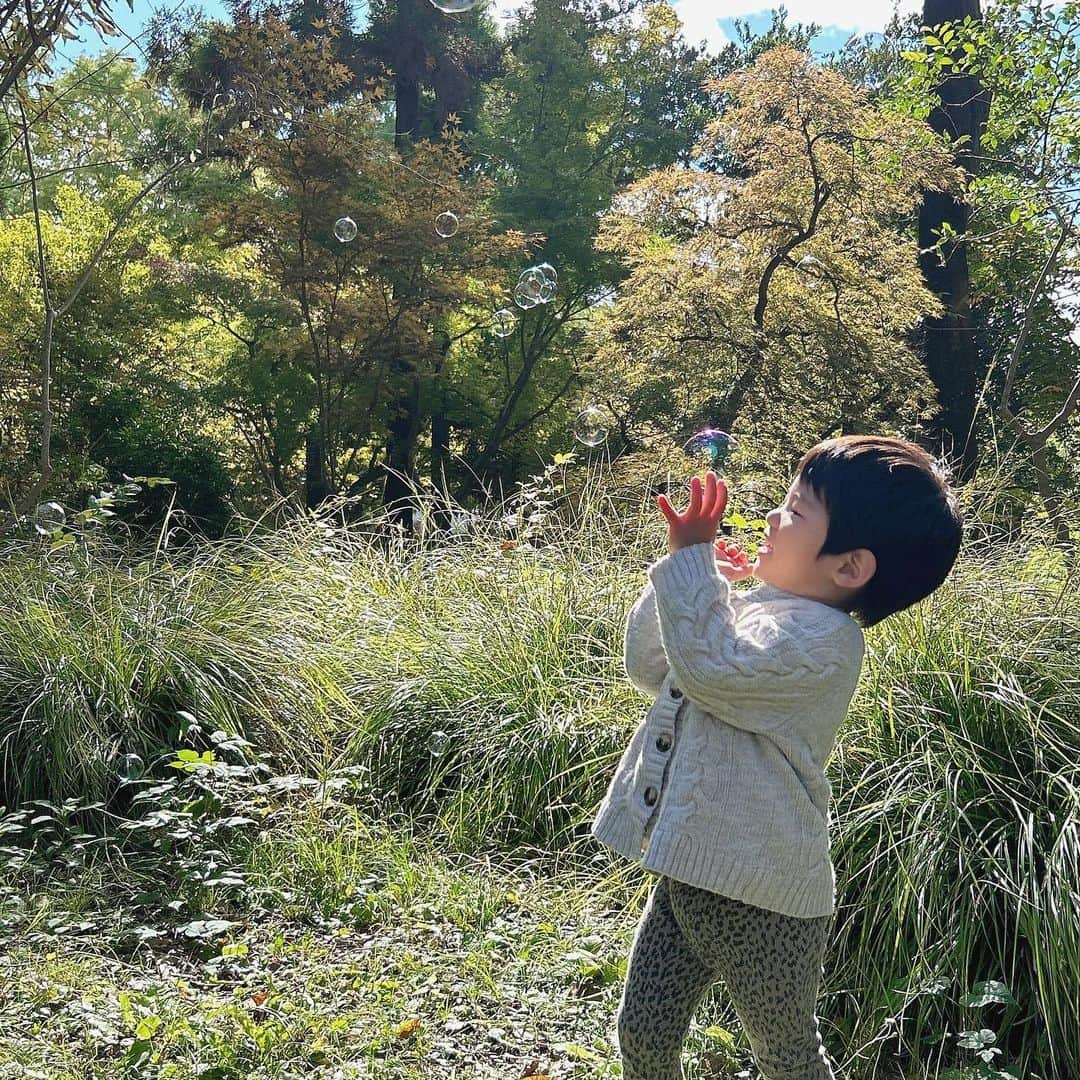 筒井愛実のインスタグラム：「． 👦🏻🫧🌳  かわいい世界  ． #シャボン玉 #全然興味なかったのに #いま大好き #最近のキャラ変すごい #かわいい #お外も大好きになった」