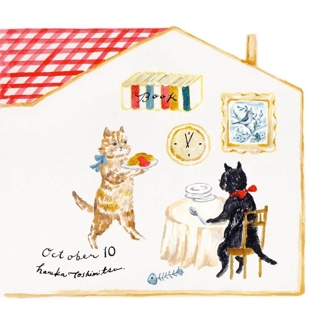 利光春華のインスタグラム：「<持ち歩ける絵> Portable art  おはようございます☀  美味しいオムライス食べたい😋  と思っていたらこんな絵になりました🐈  我が家のナツとフユは 毛が生え変わる時期らしく かつてないほどの毛が抜けて、代わりにベルベット並みのふわふわすべすべな毛が生えてきてます🐇✨  今週も、もしよろしければこの絵を待ち受けにして気分転換してみてください☀️  #持ち歩ける絵 #イラストレーション #待ち受け画面 #illustration #artwork #art #利光春華」