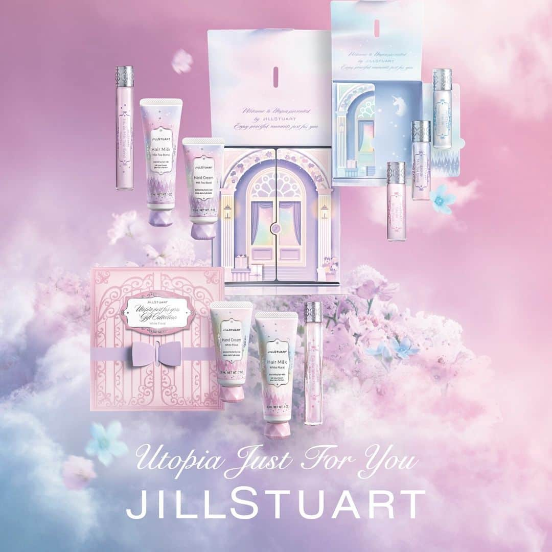 JILLSTUART BEAUTYのインスタグラム：「JILL STUART Lifestyle Holiday Collection  Limited Items 〜Utopia Just For You〜 11月10日(金)より発売 【店頭】11月3日(金)より予約開始 【公式オンラインショップ】11月6日(月)より予約開始  たどり着いたのは、果てしなく続く雲の上の花園。  花の香り漂うウェルカムミルクティーで一息ついた あなたの前に現れたのは、彩り豊かな扉の数々。 溢れる期待を胸に開いてみれば、 そこは大輪の花が咲きこぼれるユートピアです。  今回 JILL STUART がお届けするのは、 あなたを幻想的な世界へと誘う 特別なギフトコレクション。  心躍るホリデーシーズンを、夢のような香りとともに。  #jillstuart #jillstuartbeauty #ジルスチュアート #ホリデーコレクション #ユートピア #コフレ #クリスマスコフレ #香水 #ハンドクリーム #ヘアミルク」