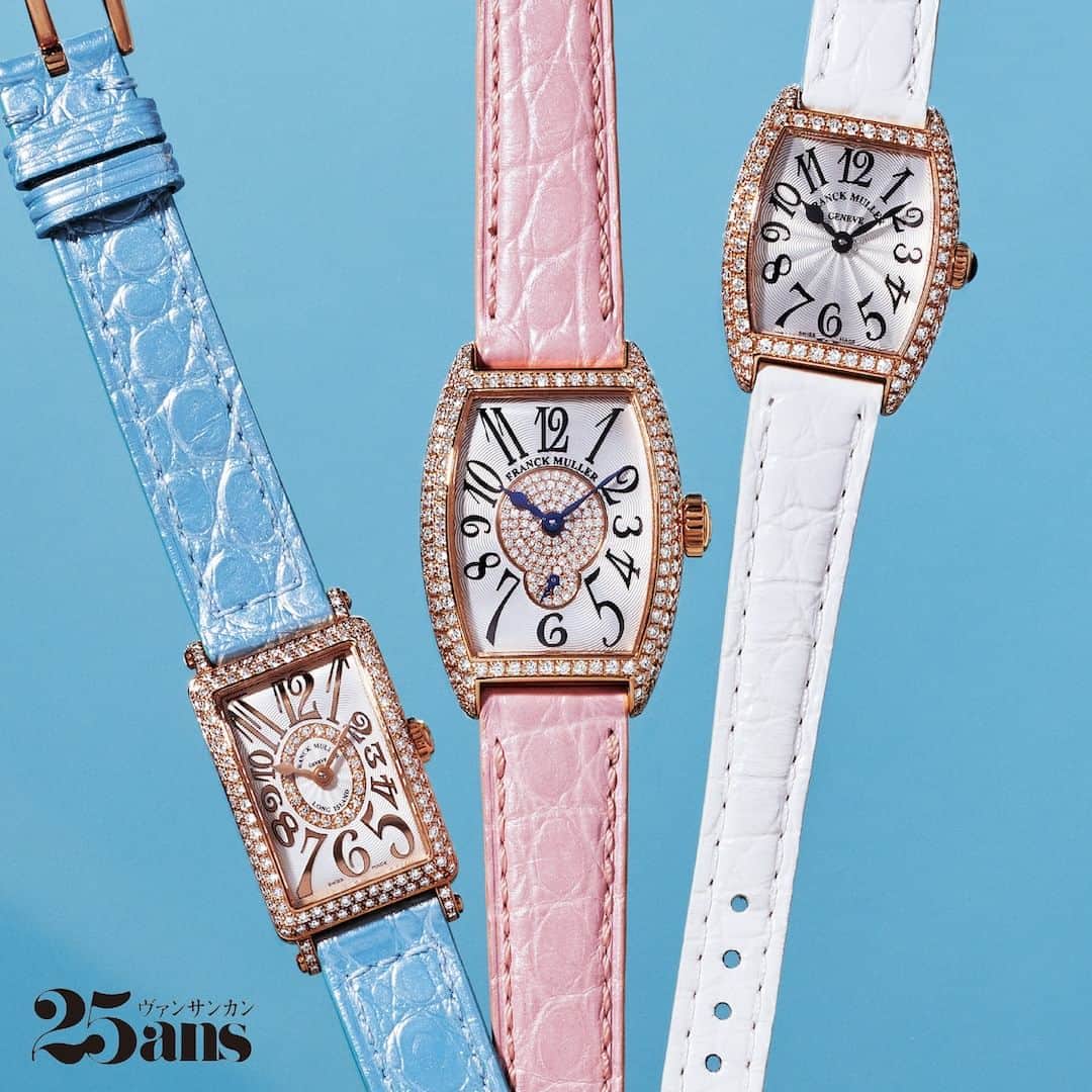 FRANCK MULLER JAPANのインスタグラム：「【精緻な細工をジョイフルに導くカラーストラップ】 ​  時計と共に刻む一瞬を豊かに、美しいものにしたいという思いのもとに、ウォッチメイキングを行うフランク ミュラー。25ans @25ansjp 12月号では、〝カラフル〟をテーマに最旬のウォッチをご紹介。文字盤やケースにセッティングされたダイヤモンドの輝きが、美しい時間をさらに華やかに彩ります。​ ​ 記事詳細はプロフィールの「Media」をタップ​  25ans 2023年12⽉号 ​ Photos：MASASHI IKUTA［hannah］​ Model：MARIA TANI​  #franckmuller #franckmullerjapan #25ans #25ansdigital #フランクミュラー」