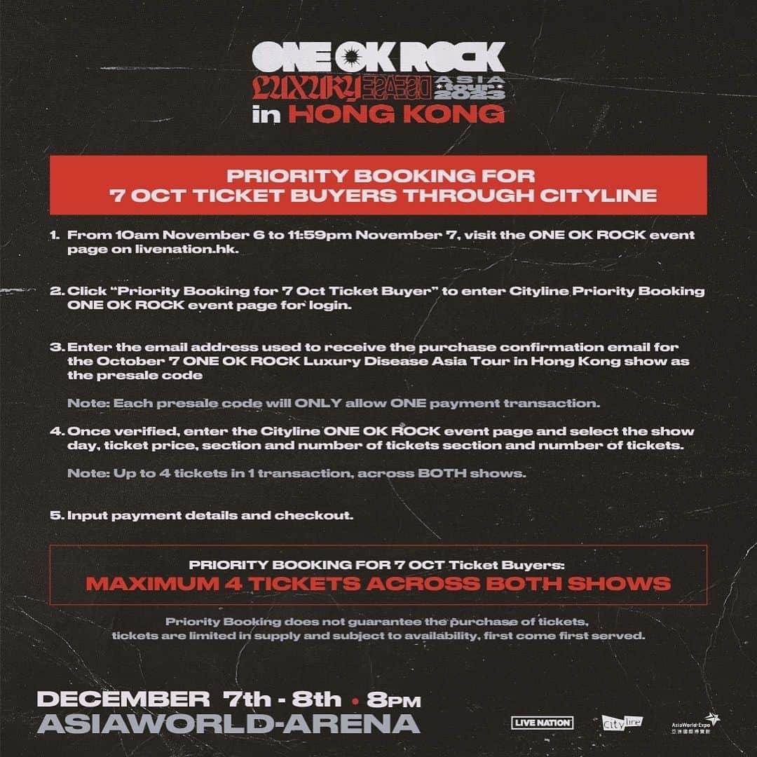 Toru さんのインスタグラム写真 - (Toru Instagram)「As promised, we’re coming back, Hong Kong!! See you guys in December!!  Details below: https://www.livenation.hk  #ONEOKROCK #LuxuryDisease #tour」10月30日 14時44分 - toru_10969