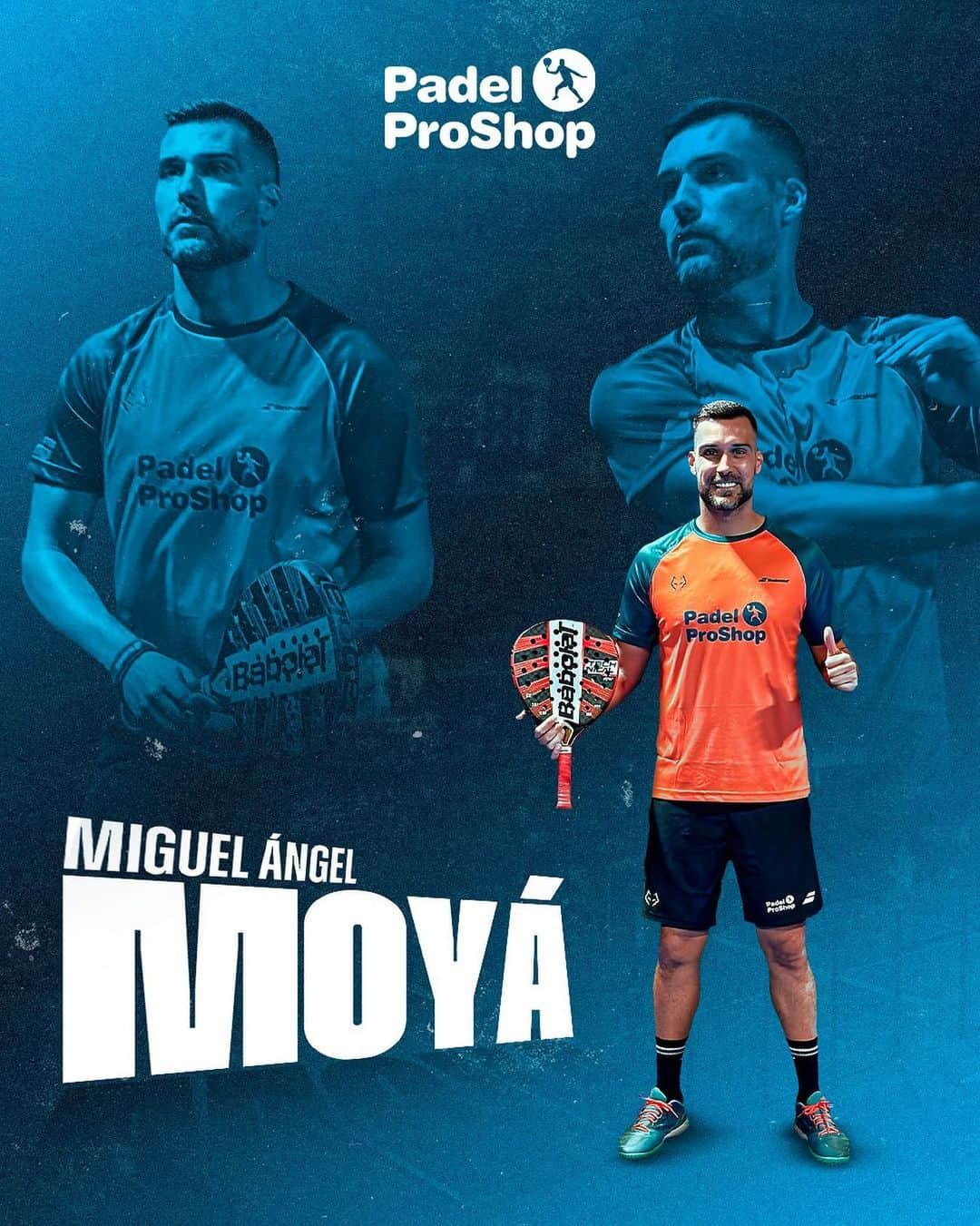 ミゲル・アンヘル・モジャのインスタグラム：「¿Notas algo diferente en mi camiseta👕? Sí, hoy me uno a la familia de Padel Pro Shop, una tienda especializada de pádel que trata desde la cercanía y el cariño este deporte que tanto me ha enganchado. Pero eso no es todo, si tu también quieres comprobar cómo de buenos pueden llegar a ser, con sus envíos rápidos📦, hazlo utilizando mi código MOYA13 y tendrás un 10% de descuento en tu compra.  #pádel #padelproshop #babolat」