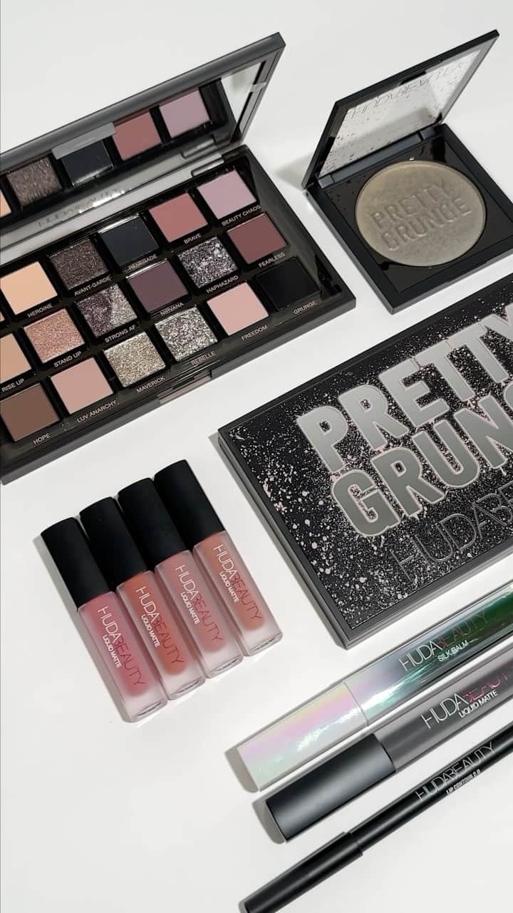 Huda Kattanのインスタグラム：「Swatching our way through the Pretty Grunge Collection because you asked for it 👀  Get ready to redefine beauty standards & express yourself: ✨ Pretty Grunge Eyeshadow Palette with 18 pretty-to-grunge shades ✨ Limited-edition Blush Gloss that adjusts to your skin pH ✨ Limited-edition ‘black’ shades in Lip Contour 2.0, Liquid Matte Lipstick & Silk Balm ✨ Lip Quad with ×4 travel-sized Liquid Matte Lipsticks in nude shades, including our BEST-SELLING shade, Bombshell  🌍 AVAILABLE GLOBALLY NOV 1ST 🌎 #PrettyGrunge」