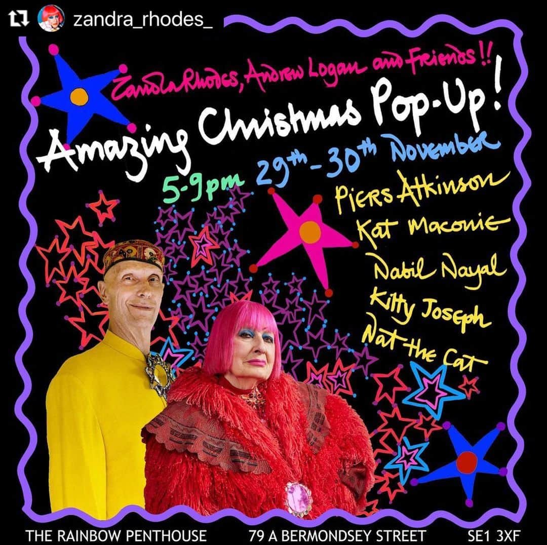 ピアーズアトキンソンのインスタグラム：「We’re back ❣️  Our much-loved Christmas pop-up is returning on Weds 29th and Thursday 30th November from 5-9pm at The Rainbow Penthouse, 79A Bermondsey Street, SE1 3XF, London.   We will be joined by friends @zandra_rhodes_ @andrewlogansculptor @piersatkinson @katmaconie @kitty_joseph @natthecatnine @nabilnayal   Come join us for a glass of wine and a fun, festive shopping experience! No need to RSVP, just pop the dates in your diary and tell your friends.   Love,  Team ZR 💋」