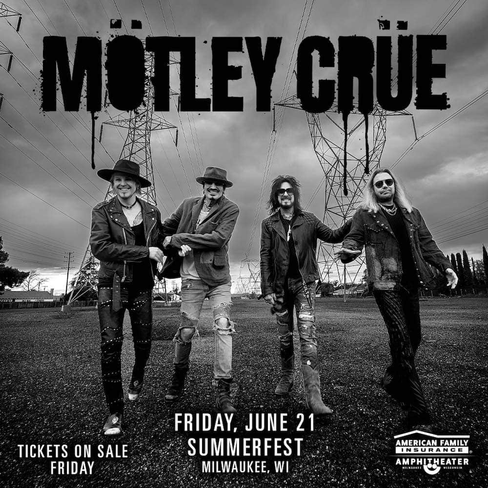 ニッキー・シックスのインスタグラム：「🔥 Mötley Crüe will see you next summer for Summerfest Milwaukee!! 🎟 Tickets go on sale this Friday Nov 3rd at 12pm CST  Head to Motley.com or link in bio for ticket link and info」