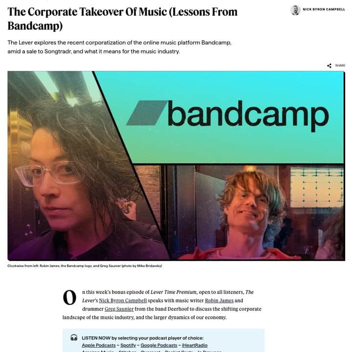 ディアフーフのインスタグラム：「Greggy on podcast  Recently Bandcamp got bought by some weird multimilliondollar multinational corporation who immediately fired half the staff, and then lied about it  I'm honored to do this podcast on the music industry enshittification trend, with people whose work I read and respect  Robin James and Lever News  https://www.levernews.com/lever-time-the-corporate-takeover-of-music-lessons-from-bandcamp/」