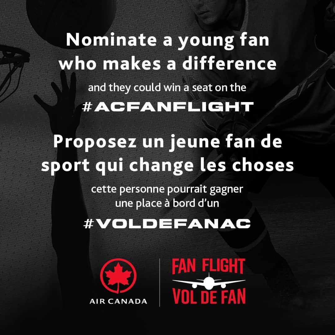 AIR CANADAのインスタグラム：「With pucks dropping and tip-offs popping, it’s time to get back to #ACFanFlight! Are you ready to nominate a young sports fan in your city who makes a difference in the world? Your nomination could win them 4 tickets on the Air Canada Fan Flight.  Tap the link in our bio to learn more. . . Les rondelles, les bâtons et les mises au jeu sont de retour. La saison du #VoldeFanAC aussi! Prêts à proposer un ou une jeune fan de sport qui change le monde à sa façon? Vous pourriez ainsi lui faire courir la chance de gagner 4 billets pour le Vol de fan Air Canada.  Suivez le lien dans notre bio pour en savoir plus.」