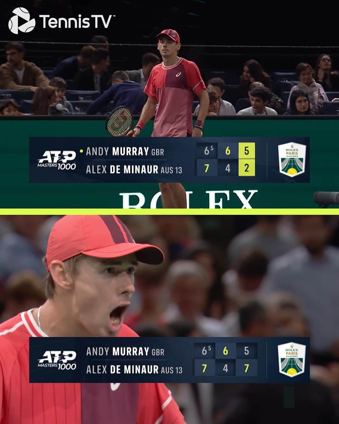 アレックス・デミノーのインスタグラム：「Never Say Die! 😱 @alexdeminaur pulls off MIRACULOUS escape vs Andy Murray . #tennis #tennistv #atptour #rolexparismasters」