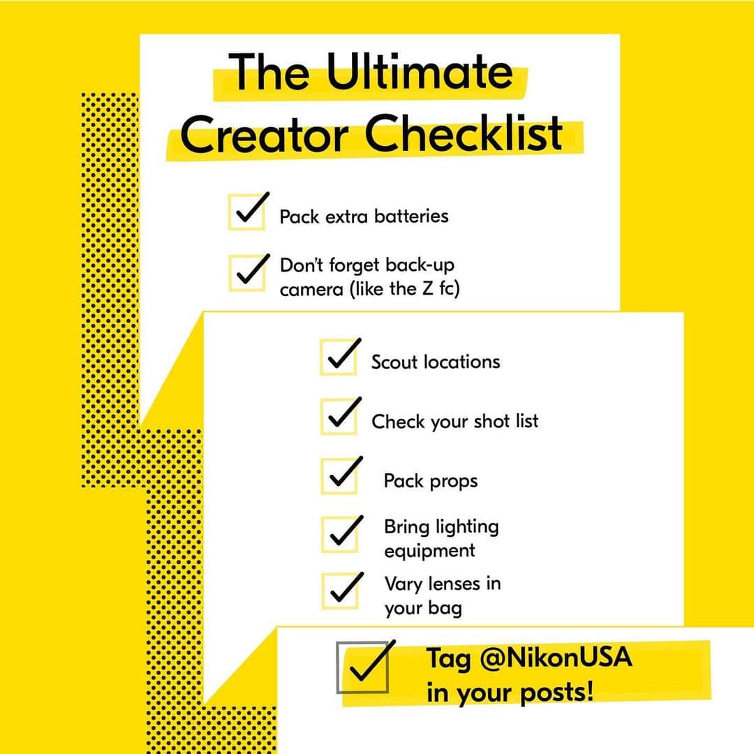 NikonUSAのインスタグラム：「Before heading to your next shoot, don't forget this Nikon Creator Checklist. Tag your fellow creator and hit "save" for your next shoot!  #NationalChecklistDay #NikonCreators」