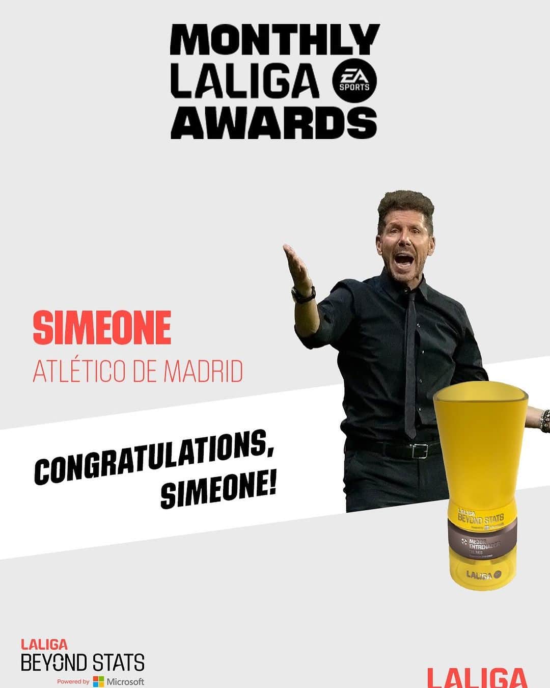 アトレティコ・マドリードのインスタグラム：「Mr. @simeone. 👔❤ 🤍  🏆 The @atleticodemadrid manager is the #LALIGAEASPORTS 𝐂𝐎𝐀𝐂𝐇 𝐎𝐅 𝐓𝐇𝐄 𝐌𝐎𝐍𝐓𝐇 for October!   #LALIGACOACHOFTHEMONTH  @microsoft | #PREMIOSLALIGA」