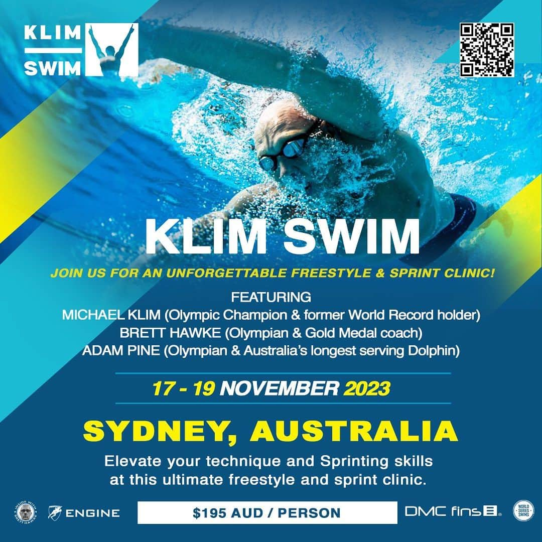 マイケル・クリムのインスタグラム：「@klimswim Clinics are finally coming to Sydney and brining some of the old band @hawkebr @swimpine @michaelklim1 back together for some very special Freestyle Technique and Sprint Clinics between Nov 17th-19th. For all dates and locations head to Klimswim.com or the link in bio! @worldseriesswims @engine_swim @dmcfins #swimming #clinic #sydney」