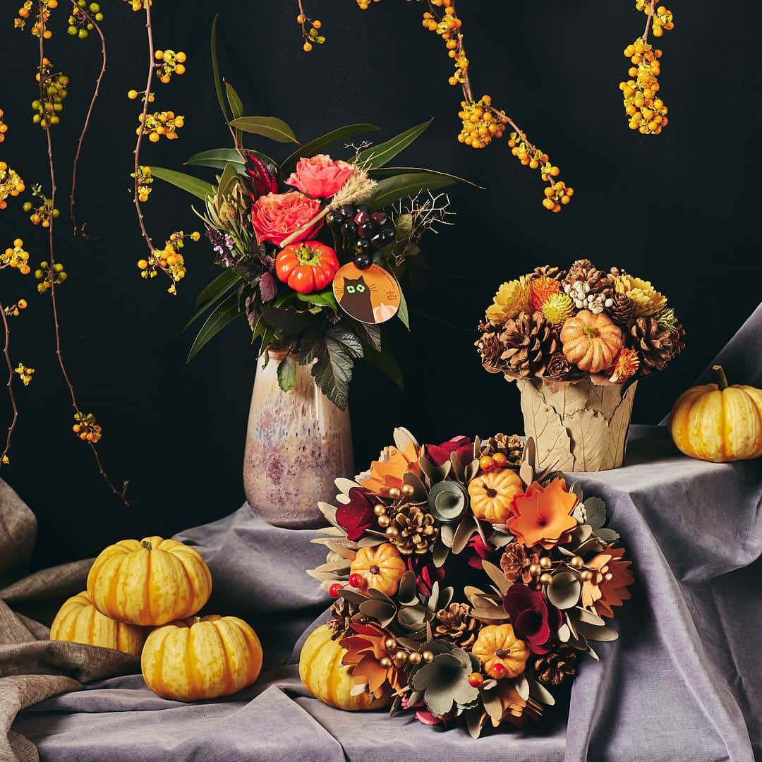 青山フラワーマーケットのインスタグラム：「Trick or Flower !  10月31日(火)はハロウィン。  ヨーロッパを起源とする 秋の収穫を祝い、悪霊を追い払うお祭り ハロウィン。  日本でも子供だけでなく、大人も 仮装を楽しむイベントとして すっかりお馴染みになりました。  みなさんはどのようなハロウィンを 過ごされますか。  秋の花や実物のアレンジ、 ブーケやリースとともに どうぞ楽しいハロウィンを！  Have a floral Halloween.  #花のある暮らし #花のある日常 #花を楽しむ #花　#青山フラワーマーケット #ハロウィン #ハッピーハロウィン #クロネコ #おばけ #魔女 #かぼちゃ #👻 #🐈‍⬛ #🎃#🧹 #🧙‍♀️ #aoyamaflowermarket #Halloween #HappyHalloween #HaveafloralHalloween #TrickorTreat #Trickorflower」
