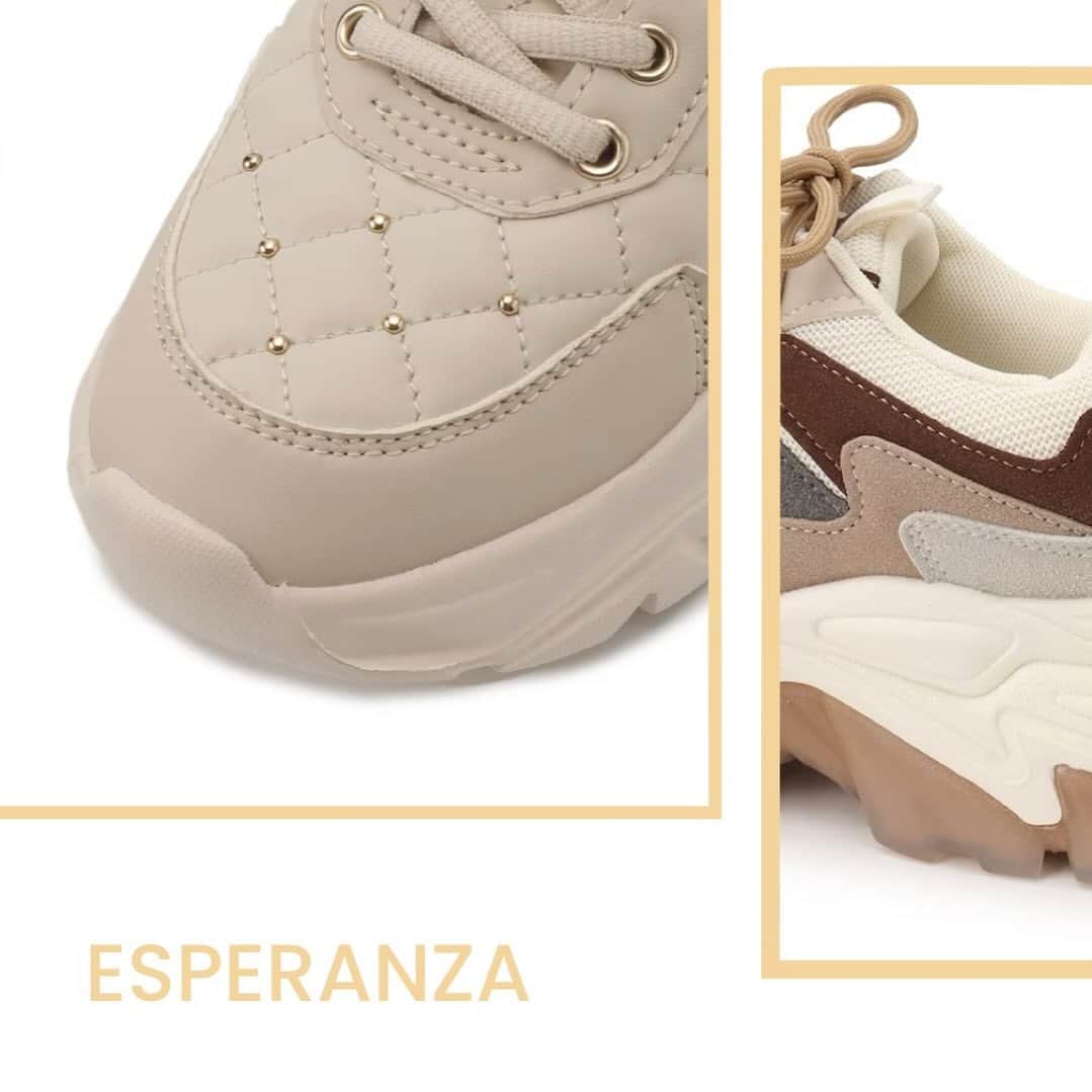 エスペランサ公式のインスタグラム：「【 Sneakers Collection 】  (右)  P06-21010 ¥9,350(in tax)  切替えと共に絶妙な配色がポイントのスニーカーは、底材も配色で合わせ、ゴム底ならではの重厚感がある1足。 ベージュ系とグレー系で全く違った見え方のスニーカーで カジュアルにも抜きのファッションにも足元が主役になれます♪  (左) P06-21011 ¥9,350(in tax)  小粒のスタッズをあしらったキルティングのアッパーと メタリックカラーのコンビネーションがポイント！  フワっと柔らかい甘め系の服装にも相性の良いスニーカーです♡  #エスペランサ #スニーカー女子 #スニーカーコーディネート #スニーカーコーデ #スタッズスニーカー #キラキラスニーカー #キルティング好き #キルティングスニーカー  #新作スニーカー」