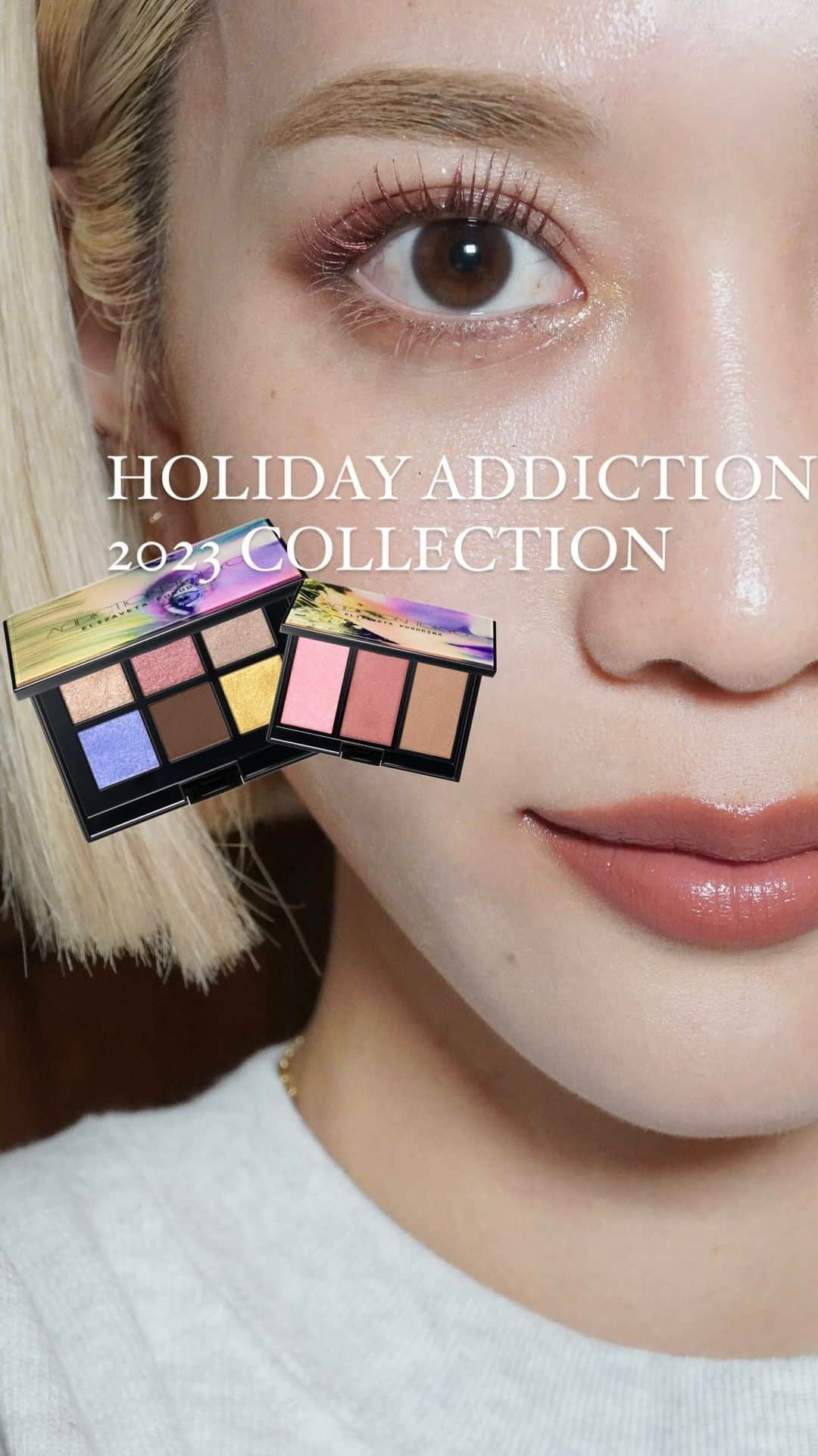 小林加奈のインスタグラム：「ADDICTION 2023 holiday pallet💗🫶 使ってみた🫰❤️‍🔥 ピンク、イエロー、ブルーの アイシャドウも入ってて気分高まりますね🙇♡ やはりキラキラは鉄板っ❤️‍🔥 センセスのカラースティックold pinkとの相性も 良きでした😊✌️」