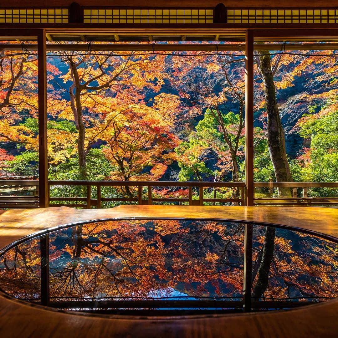 ことりっぷさんのインスタグラム写真 - (ことりっぷInstagram)「京都の「嵐山 祐斎亭」で、紅葉が織りなすアートのような景色を  京都・嵐山にある「嵐山 祐斎亭」は、元は川端康成も滞在した料理旅館で、いまは染色作家・奥田祐斎さんの染色アートギャラリーです。  まるい窓が並ぶ「まる窓の部屋」は、机に景色が映り込むリフレクションが美しく、秋は色づく紅葉がまるでアートのよう。  水盤に波紋を作って、ゆらめく風景を楽しむ「水鏡」など、嵐山の自然と愉快に遊べる仕掛けがたっぷりですよ。 紅葉シーズンは予約をして訪れてくださいね。 ----- #嵐山祐斎亭 @arashiyama_yusai  -----  発売中のことりっぷMagazine秋号のテーマは「かわいい城下町さんぽ」。 連載「京都よりみちこみち」では、紅葉が美しい桂川～竹林の道を紹介しています。 @cotrip_official  #ことりっぷ #ことりっぷマガジン #京都 #嵐山 #嵯峨野 #祐斎亭 #京都の紅葉 #リフレクション #cotrip #kyoto #arashiyama #yusaitei #visitjapan」10月30日 19時40分 - cotrip_official