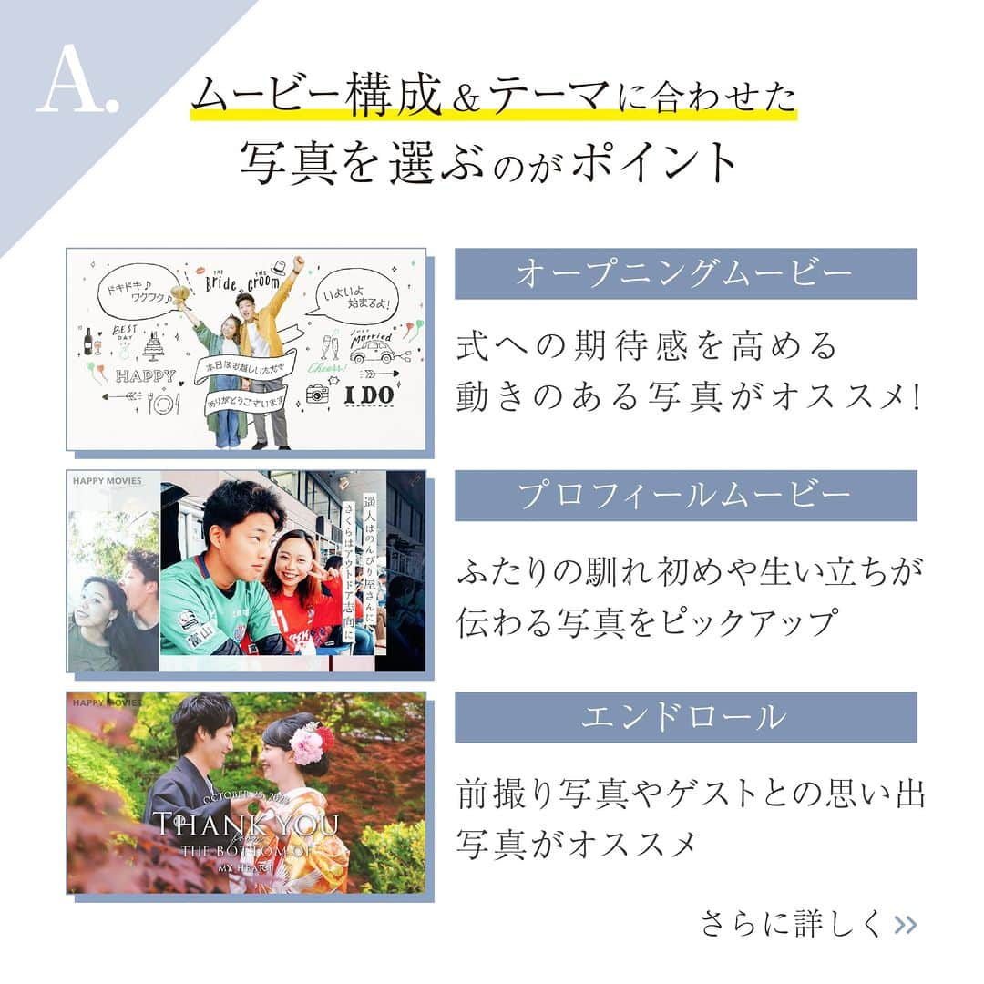 Happy Leafさんのインスタグラム写真 - (Happy LeafInstagram)「結婚式ムービーについてのギモンを解決！ 🎬姉妹ブランドハッピームービーズ @happymovies_wedding のQ&A🎬 ⠀ Q.演出ムービーに使用する写真選びのポイントは？ ⇣⠀ A.ムービー構成＆テーマに合わせた写真を選ぶのがポイント！  ▼オープニングムービー ふたりの入場前に流す映像なので、 式への期待感を高める動きのある写真がオススメ！ 結婚式準備中の写真や動画を流すのも◎  ▼プロフィールムービー それぞれの生い立ちから ふたり馴れ初めまでが伝わる写真をピックアップ📷 ゲストと一緒に写っている写真をたくさん使うと 見ているゲストも嬉しくなりますよ🌟  ▼エンドロール オープニングムービーやプロフィールムービーで使わなかった 前撮り写真や、リゾートウエディングの写真、 ゲストとの思い出写真などを使って、 ゲストの名前を流しながら感謝の気持ちを伝えましょう💐  ハッピームービーズなら 写真も専用シートにそって選ぶだけだから 簡単にムービー制作が可能🌈  現像写真をデータ化するには 無料のスキャンアプリがオススメです✨  ムービーの構成や詳細はプロフィールURLの 各商品ページよりご確認ください🎬  * ⠀ 《 HAPPY MOVIESのオススメPOINT🎬 》  ☑︎追加料金なしで最短10営業日で発送！ ☑︎安心して式場で流せる音楽を15,000曲以上ご用意♬⠀ ☑︎修正は2回まで無料！納得のいく映像作品に✨⠀ ☑︎2本注文で2万円オフ！3本注文で3万円オフ！⠀ ☑︎HAPPY LEAFの招待状注文で招待状全額キャッシュバック！⠀ ⠀⠀ ＿＿＿＿＿＿＿＿＿＿＿＿＿＿⠀  #ウェディングムービー #ウエディングムービー #エンディングムービー #オープニングムービー #プロフィールムービー #生い立ちムービー #エンドロール #演出ムービー #結婚式ムービー #結婚式準備 #結婚式diy #プレ花嫁 #プレ花嫁diy #プレ花嫁準備 #全国のプレ花嫁さんと繋がりたい #ちーむ0113 #ちーむ0114 #0120 #ちーむ0121 #ちーむ0122 #ちーむ0127 #ちーむ0128 #ちーむ0203 #ちーむ0204 #ちーむ 0209 #ちーむ0210 #ちーむ0211 #ちーむ0212 #ちーむ0217 #ちーむ0218」10月30日 20時00分 - hyacca_wedding