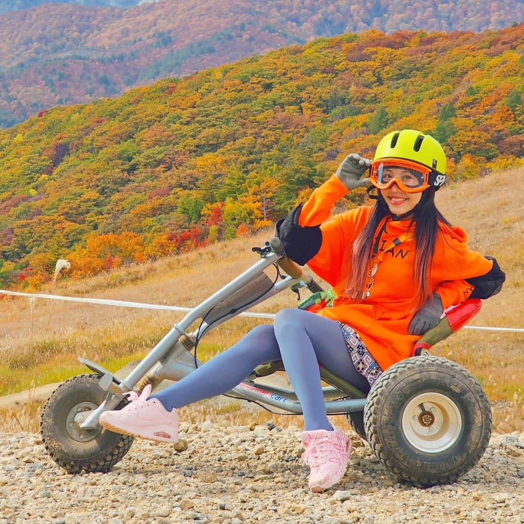 のインスタグラム：「วิวแบบนี้หนึ่งปีมีครั้งเดียววว กรี๊ดมากกก  #Hakuba คือที่สุด ฟินมากกก สนุกมากกก และ...บังคับยากและกว่าที่คิดมาก 😂  Hakuba Iwatake จ.นางาโนะ  📍 นั่ง Bus ของ #Alpico จากสถานี Nagano ลง Hakuba Iwatate Mountain Resort ลงปุ๊บเจอโรปเวย์ปั๊บ พอขึ้นไปด้านบนก็คือ แบบนี้เลยยย ข้างบนมีกิจกรรมให้เล่นเยอะมาก มีปั่นจักรยานด้วย   ส่วนบีมเล่นรถแบบนี้ เขาเรียกว่ารถไรอะ  ทางวิบากมากทุกคน ตอนแรกนึกว่าไหลไปสวย ๆ โอ้โห สติต้องอยู่ทั้งดูวิว ทั้งบังคับรถตัวเองไม่ให้ออกนอกทาง คุ้มมากกก เพราะระยะทางยาวมาก พอลงไปถึงข้างล่างแล้วก็นั่งสกีลิฟต์กลับมาด้านบนใหม่  🍁วิวแบบนี้ ช่วง 20 ต.ค.ถึงสัปดาห์แรกของเดือนพ.ย.น่าจะได้อยู่ ขึ้นอยู่กับแต่ละปีด้วย สวยมากกกกกกกกกกกกกกกกกกกกกกกกกกกกกกกกกกกกกกก  ถ้าเลือกว่าจะไปเที่ยวไหน คงเลือกจังหวัดนี้ก่อนเลย สวยจริง ๆ ปีหน้าต้องพาพ่อแม่ไปให้ได้  #อัลปิโก้  BeamSensei」