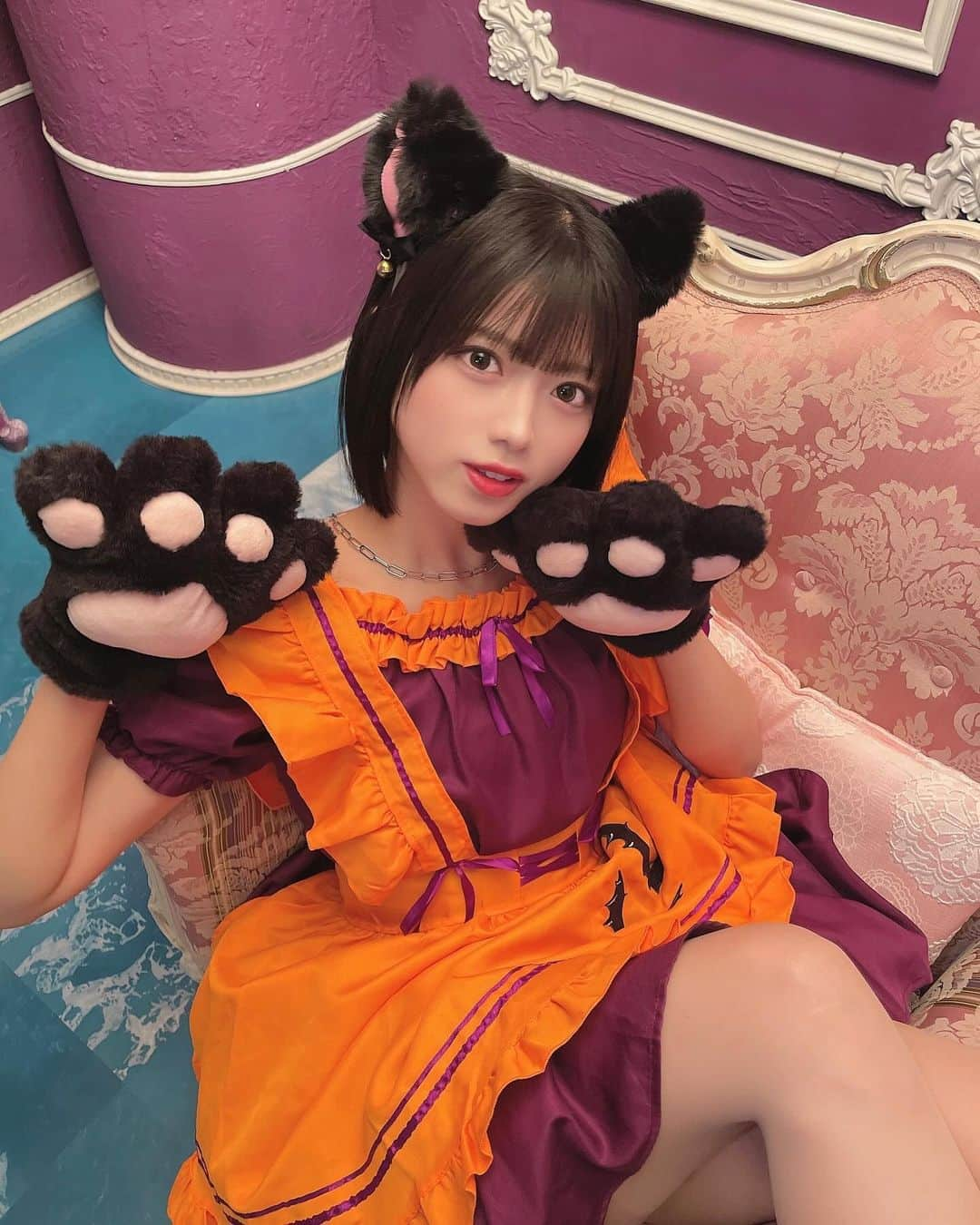 西野千明のインスタグラム：「たくさん可愛がってあげてください^-^ . #halloween #happyhalloween #メイド #猫 #cat #maid #コスプレ #cosplay #インナーカラー #japan #idol #pwc #白キャン #真っ白なキャンバス #西野千明 #いいね #ボブ #ショートボブ #followｍe #instagood #fashion #like4like #ootd」