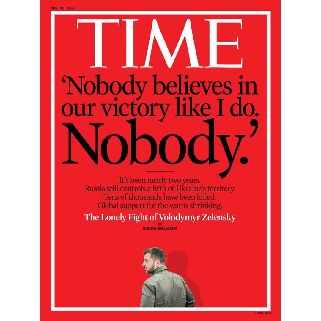 TIME Magazineのインスタグラム：「"Nobody believes in our victory like I do. Nobody."  In a new interview, Volodymyr Zelensky tells TIME he sees no option but to press on with the war through the winter and beyond—even as public support declines. "I don't think Ukraine can allow itself to get tired of the war," he says.  At the link in bio, go inside Zelensky's lonely fight to save Ukraine as war fatigue spreads.  Photograph by Kay Nietfeld—Picture Alliance/Getty Images」