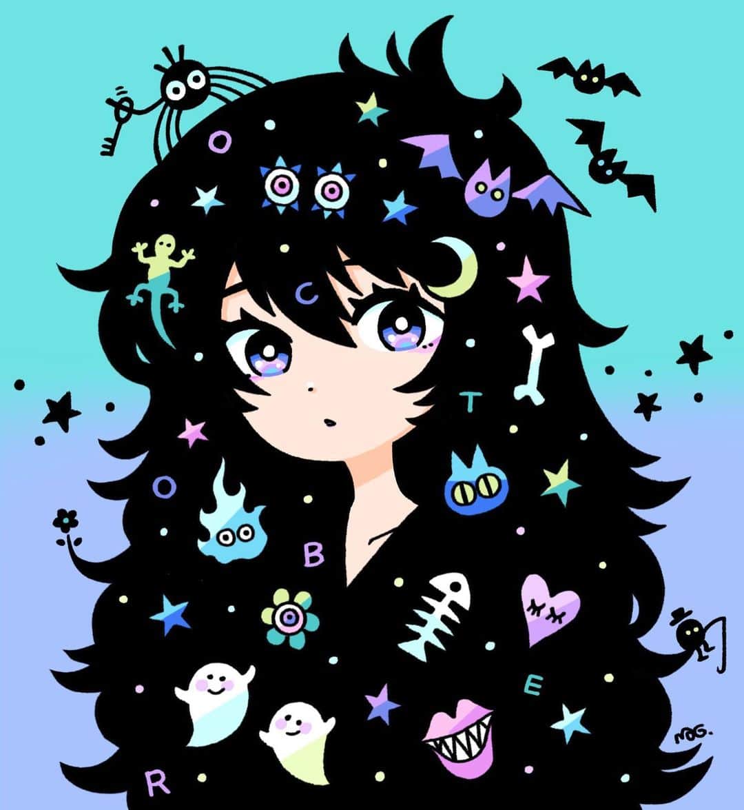 北極まぐのインスタグラム：「👻👄十月頭/October Head🦎🦇  #illustration #artwork #halloween #happyhalloween2023」