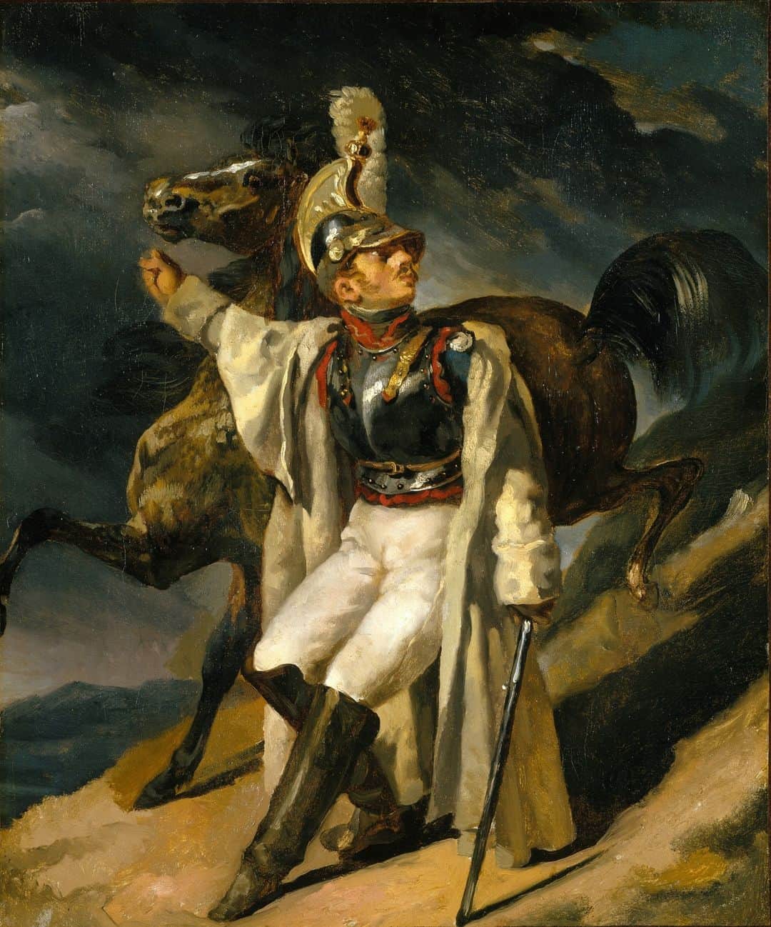 のインスタグラム：「Hold your horses… Monet to Morisot: The Real and Imagined in European Art closes in two weeks?!? 🐴⁠ ⁠ Here, a soldier in Emperor Napoleon's cavalry leads his horse downhill, looking back at a dark, ominous sky. The composition's repeated diagonals-the outstretched legs of man and horse, the sword, and the slope of the rough terrain heighten the scene's physical and psychological tension. This painting is a study for a larger painting (housed at the Louvre) that Théodore Géricault exhibited at the 1814 Salon in Paris, after Napoleon had been deposed and exiled to Elba earlier that year. ⁠ ⁠ Visit the exhibition, featuring nineteenth- and early twentieth-century artworks from our collection, through November 12. ⁠ ⁠ 🖼️ Théodore Géricault (French, 1791–1829). The Wounded Cuirassier, study, 1814. Oil on canvas, 21 3/4 × 18 1/8 in. (55.2 × 46 cm). Brooklyn Museum; Anonymous gift, 43.81. (Photo: Brooklyn Museum)⁠ ⁠ #BrooklynMuseum #Brooklyn #Museum」