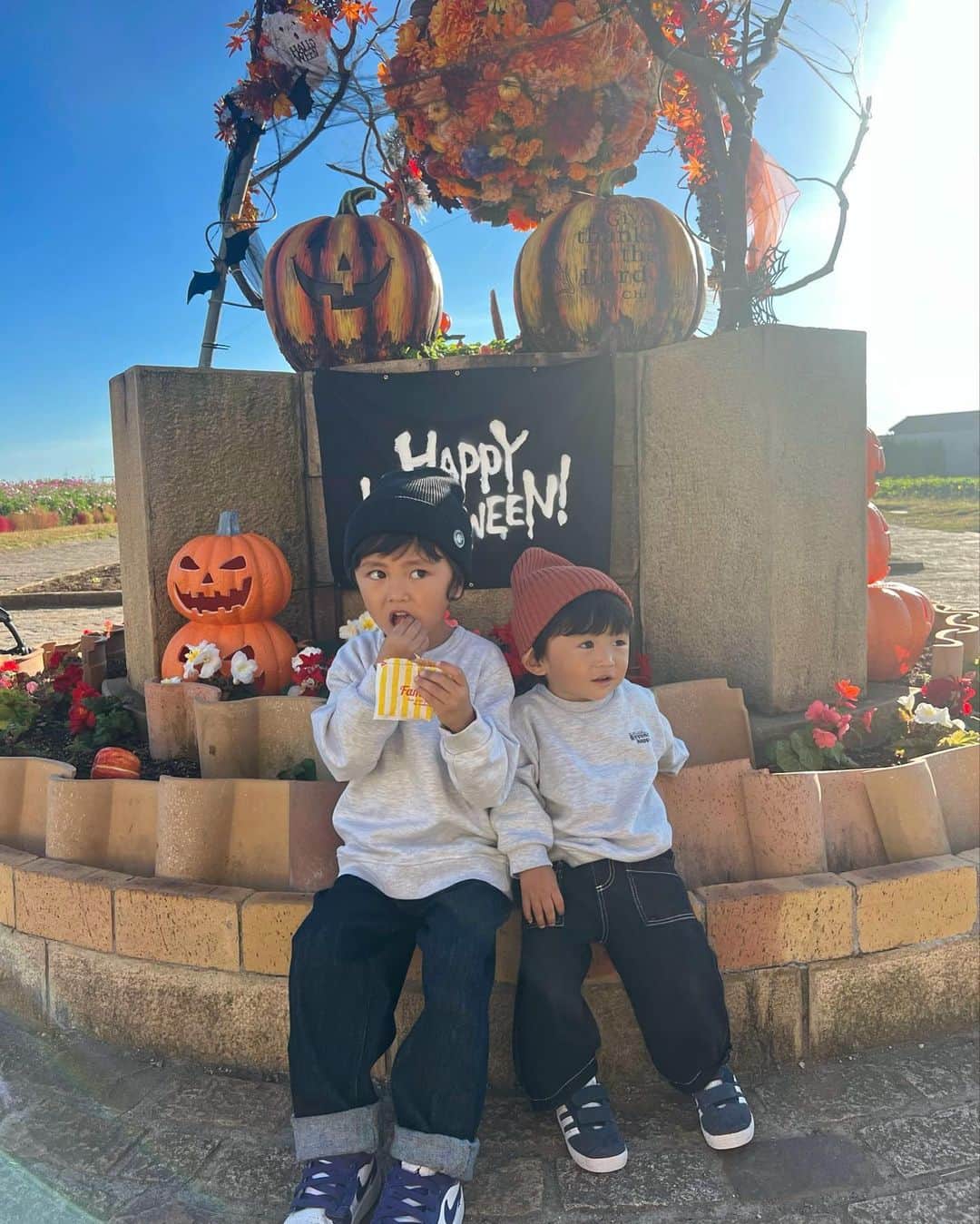 Ayaのインスタグラム：「happyhalloween🎃👦🏻👦🏼🧡 今日の息子コーデ🏷  #ハロウィン#ソレイユの丘#息子コーデ#兄弟#男の子 #兄弟コーデ#1歳男の子#4歳男の子 #男の子ママ #3歳差兄弟#キッズコーデ#ベビーコーデ」