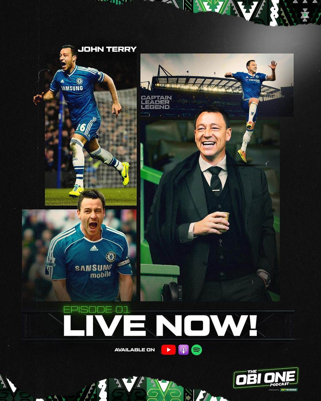 ミケル・ジョン・オビのインスタグラム：「And. We’re. LIVE! Episode 1 of my brand new podcast - @ObiOnePodcast - is available to download and watch NOW. 🔥  A massive thank you again to my good friend @johnterry.26 for agreeing to be guest #1. And as you’d expect, JT doesn’t hold back. 🧨   From reminiscing about the glory days at @chelseafc to revealing regrets over his handling of Salah & De Bruyne, he’s on top form.   Available on all your usual podcast platforms. You can also watch it in full on our YouTube channel. 🔗 in my bio. Please subscribe and give it ⭐️⭐️⭐️⭐️⭐️! 😜  #TheObiOnePodcast #mikel #terry #chelsea #cfc #salah #hazard #debruyne #mourinho」