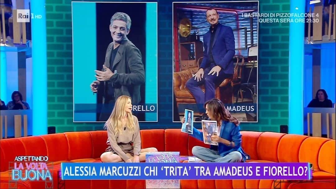 Alessia Marcuzziのインスタグラム：「@amadeusonoio o @rosario_fiorello, questo è il problema! @alessiamarcuzzi è riuscita a trovare una via di fuga dal nostro #tritavolte… 🤣🤣🤣 #lavoltabuona」
