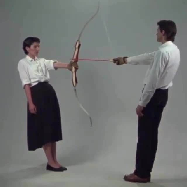 leslie & dani & harriのインスタグラム：「“Rest Energy” performance Art by Marina Abramović and Ulay (1980)  Rest Energy is a 1980 performance art piece created, enacted, and recorded by performance artist duo Marina Abramović and Ulay.  “In Rest Energy, we actually held an arrow on the weight of our bodies, and the arrow is pointed right into my heart. We had two small microphones near our hearts, so we could hear our heartbeats. As our performance was progressing, heartbeats were becoming more and more intense, and though it lasted just four minutes and ten seconds, I’m telling you, for me it was forever. It was a performance about the complete and total trust.”」