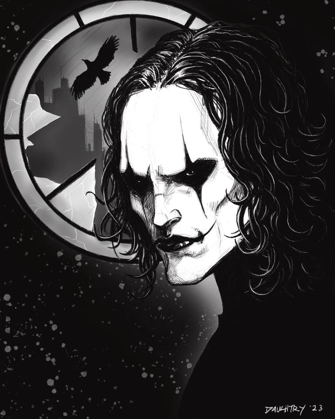 クリス・ドートリーのインスタグラム：「To cap off my theme for this years Halloween, here’s my latest piece (might be my favorite piece yet) done in @procreate of @brandonlee #ericdraven #thecrow #devilsnight #halloween #cantrainallthetime #brandonlee」