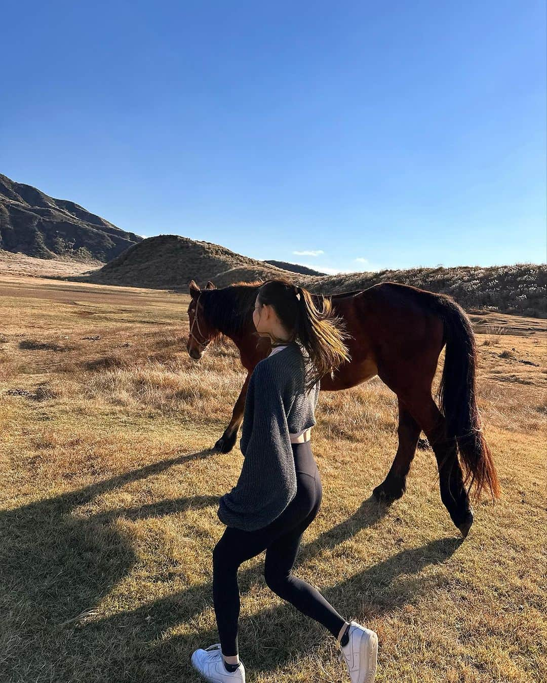 齊藤家澄さんのインスタグラム写真 - (齊藤家澄Instagram)「はじめてきた！ くまモン(●ﾟ(ｴ)ﾟ●)大自然🏔´-📸  りょうさん、ついきしゃんありがとうございます꒰ᐡɞ̴̶̷ ̫ ɞ̴̶̷⸝⸝꒱☀️☀️☀️  #海外みたいな  #阿蘇  #熊本  #🐴  #ちょっとラクダ🐫さんみたいな  #おうまさん  #馬  #horse  #おそろの馬のしっぽ  #うまちゃんに無視される✨  #うまちゃんになんだこいつっていわれた！  #そうです！わたしが変なおじさんです！  #かわいいかった🐴✊🏻🤎 ずっとこの曲頭からはなれられません> ̫ <;のでシェア」10月30日 23時13分 - kanchi_w