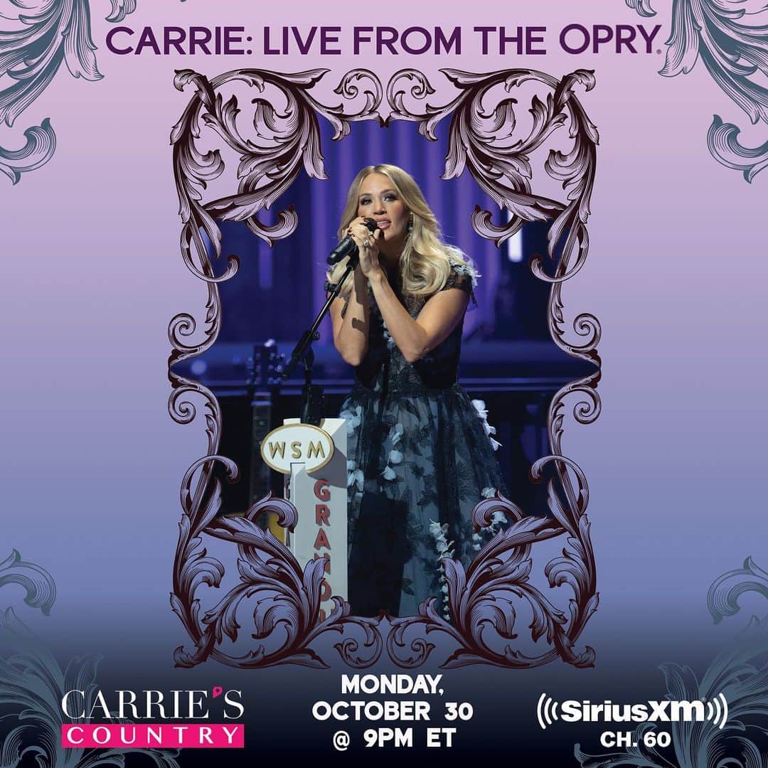 キャリー・アンダーウッドのインスタグラム：「Tune in TONIGHT AT 9PM ET on Channel 60 to hear Carrie’s Grand Ole Opry performance from Friday, October 27!  Also available for a limited time on the @siriusxm app.」