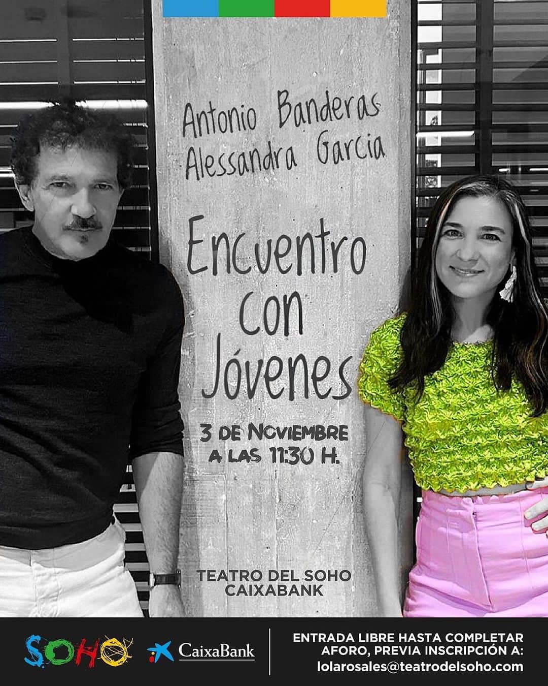 アントニオ・バンデラスのインスタグラム：「Este viernes 3 de noviembre tenemos una cita en el @teatrodelsoho @caixabank   @aalessandraagarcia y yo te he superamos!!!  #Repost @teatrodelsoho ・・・ ¡Sss…oho!  ¿Te gustaría compartir un encuentro sobre teatro, cultura y formación en las artes escénicas con los artistas malagueños @antoniobanderas y @aalessandraagarcia ?  Si eres joven y/o estudiante te esperamos el 3 de noviembre a las 11:30h en el Teatro del Soho CaixaBank. ¡Acompáñanos!  La entrada será libre hasta completar aforo, previa inscripción en el correo electrónico lolarosales@teatrodelsoho.com  #SSOHOUMABARBARIDAD  #teatrodelsohocaixabank #XperieneceCaixaBank #CultureXperience #culturateatral #culturasostenible #Cultura #Malaga」