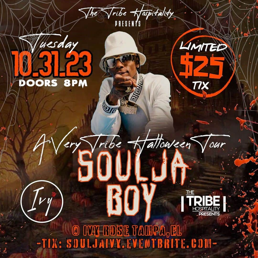 ソウルジャ・ボーイ・テレムのインスタグラム：「🚨TOMORROW ‼️ @souljaboy IS TAKING OVER @ivyrosetampa ON HALLOWEEN NIGHT🧟‍♂️  USE CODE: “BULLS” for $20 OFF💰」