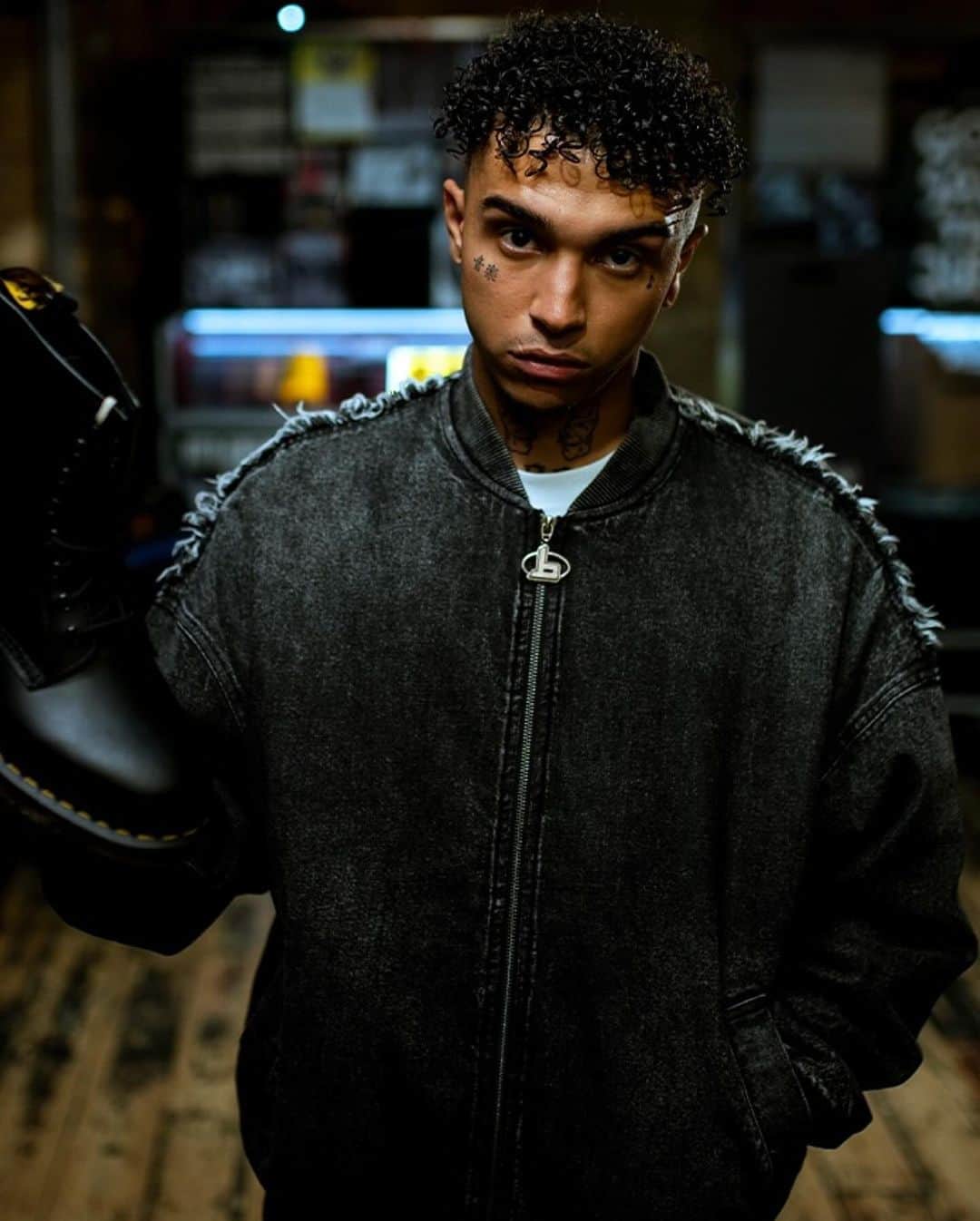 BOY LONDONのインスタグラム：「@deyaz gives us a look into SS24 with our distressed denim bomber jacket for a special feature for hypebeast @drmartenofficial @sbtvonline」