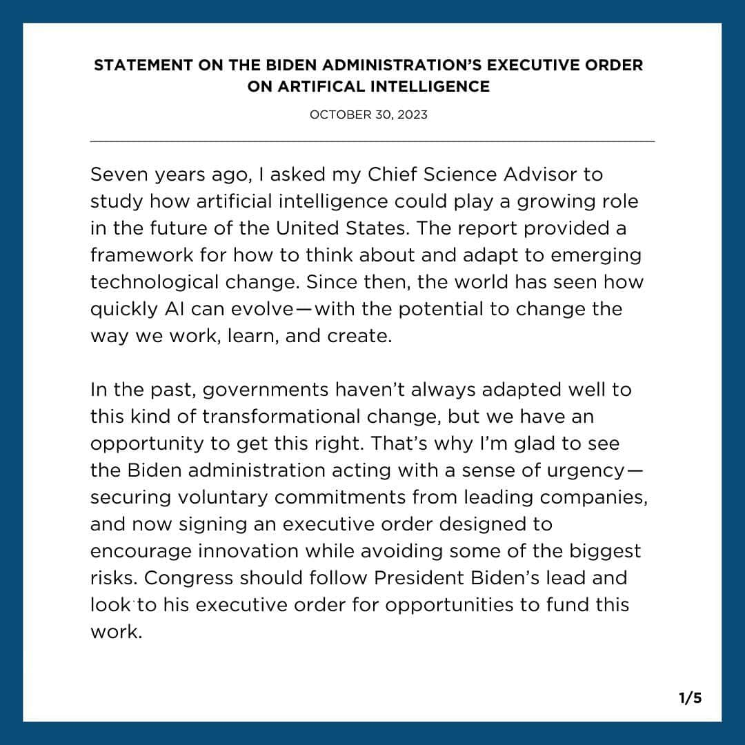 Barack Obamaさんのインスタグラム写真 - (Barack ObamaInstagram)「Artificial Intelligence has the potential to change the way we work, learn, and create. I'm glad to see @POTUS Biden signing an executive order on AI designed to encourage innovation while avoiding some of the biggest risks. Congress should follow his lead and look to his executive order for opportunities to fund this work.」10月31日 4時23分 - barackobama