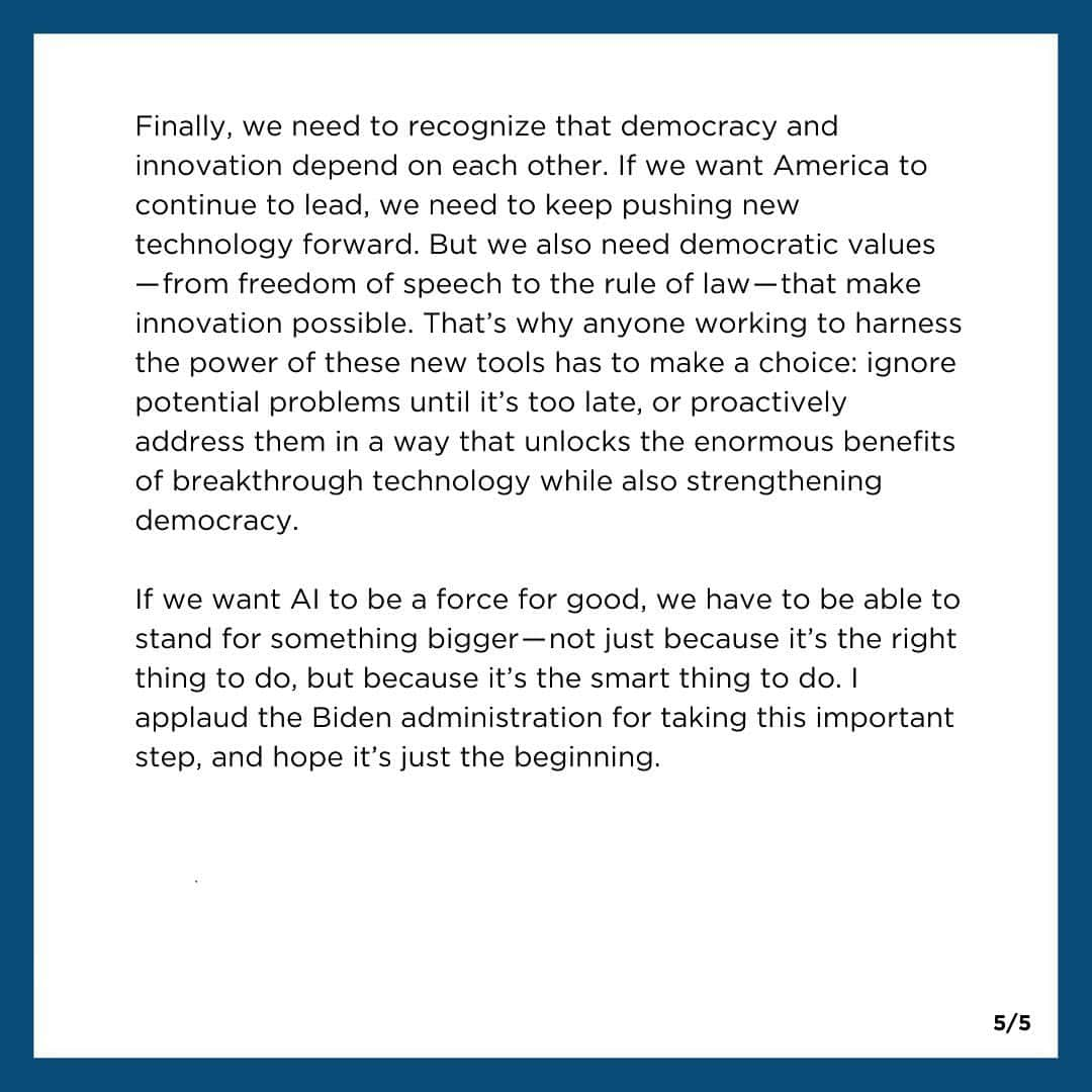 Barack Obamaさんのインスタグラム写真 - (Barack ObamaInstagram)「Artificial Intelligence has the potential to change the way we work, learn, and create. I'm glad to see @POTUS Biden signing an executive order on AI designed to encourage innovation while avoiding some of the biggest risks. Congress should follow his lead and look to his executive order for opportunities to fund this work.」10月31日 4時23分 - barackobama