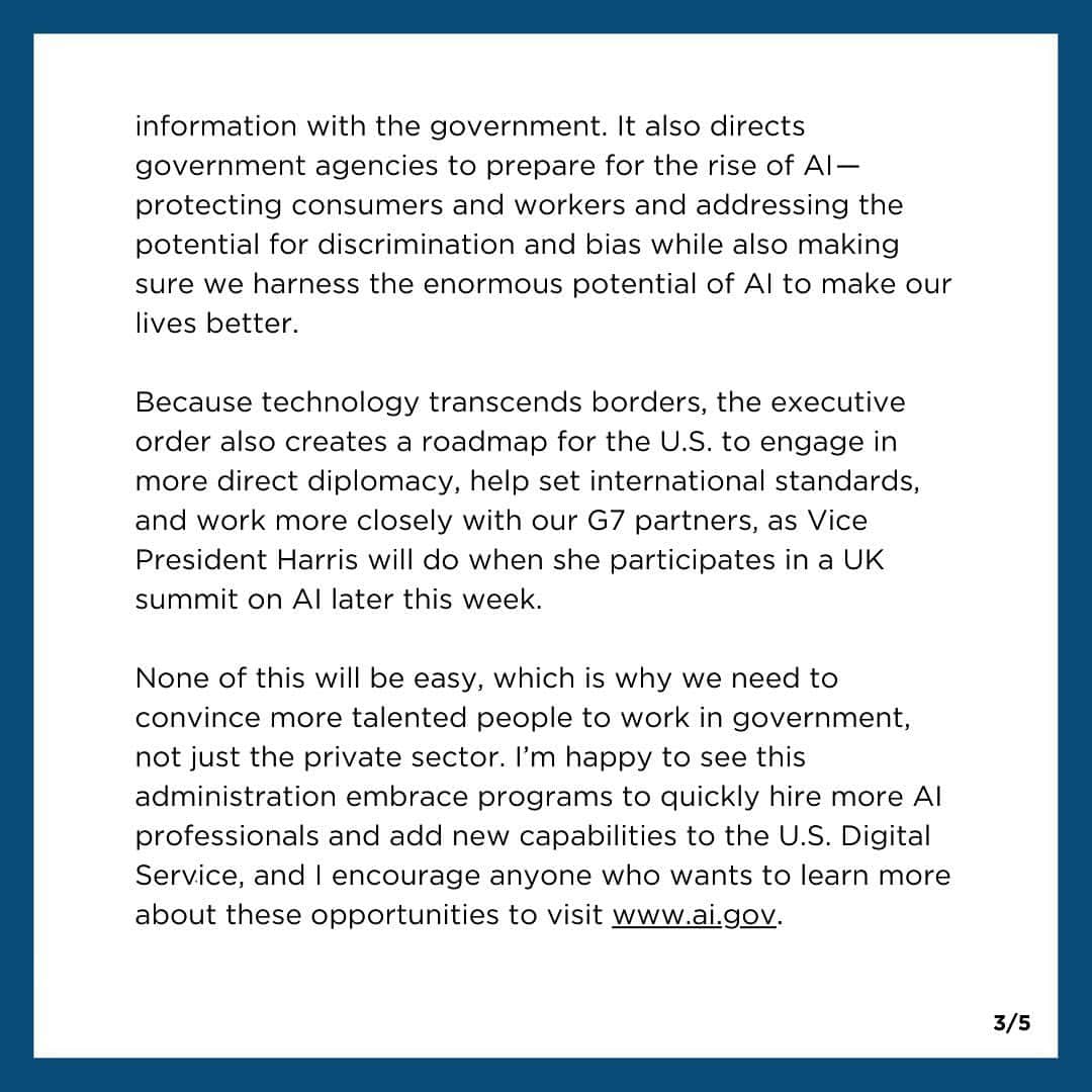 Barack Obamaさんのインスタグラム写真 - (Barack ObamaInstagram)「Artificial Intelligence has the potential to change the way we work, learn, and create. I'm glad to see @POTUS Biden signing an executive order on AI designed to encourage innovation while avoiding some of the biggest risks. Congress should follow his lead and look to his executive order for opportunities to fund this work.」10月31日 4時23分 - barackobama