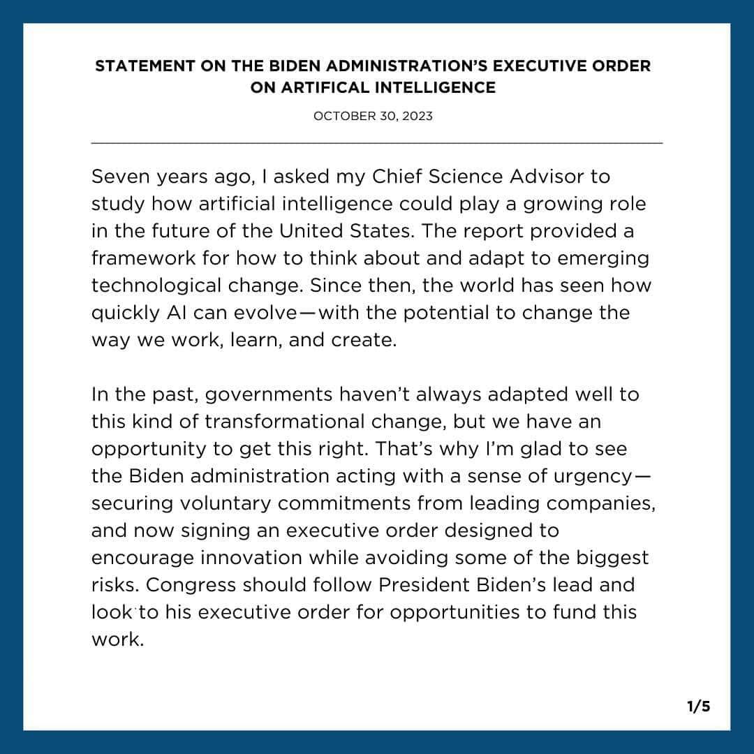 Barack Obamaのインスタグラム：「Artificial Intelligence has the potential to change the way we work, learn, and create. I'm glad to see @POTUS Biden signing an executive order on AI designed to encourage innovation while avoiding some of the biggest risks. Congress should follow his lead and look to his executive order for opportunities to fund this work.」