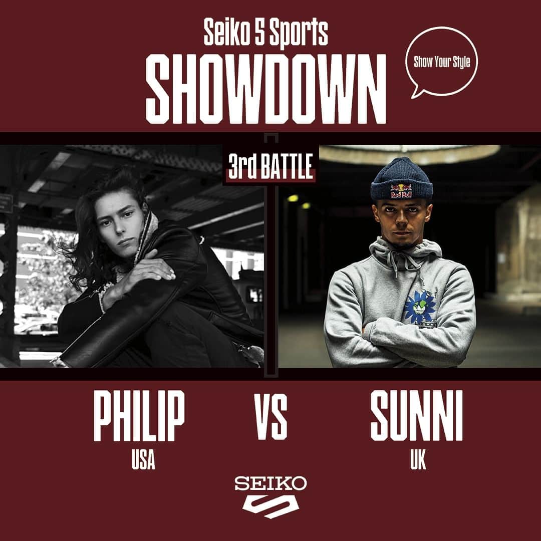 Seiko Watchesのインスタグラム：「【Seiko 5 Sports Showdown】  Let the battles continue and check out the messages from the Bboys in Battle #3.   PHILIP (USA) @philsvir  vs SUNNI (UK) @sunnifourfizzy  #bboy #bgirl #seiko5sportsshowdown」