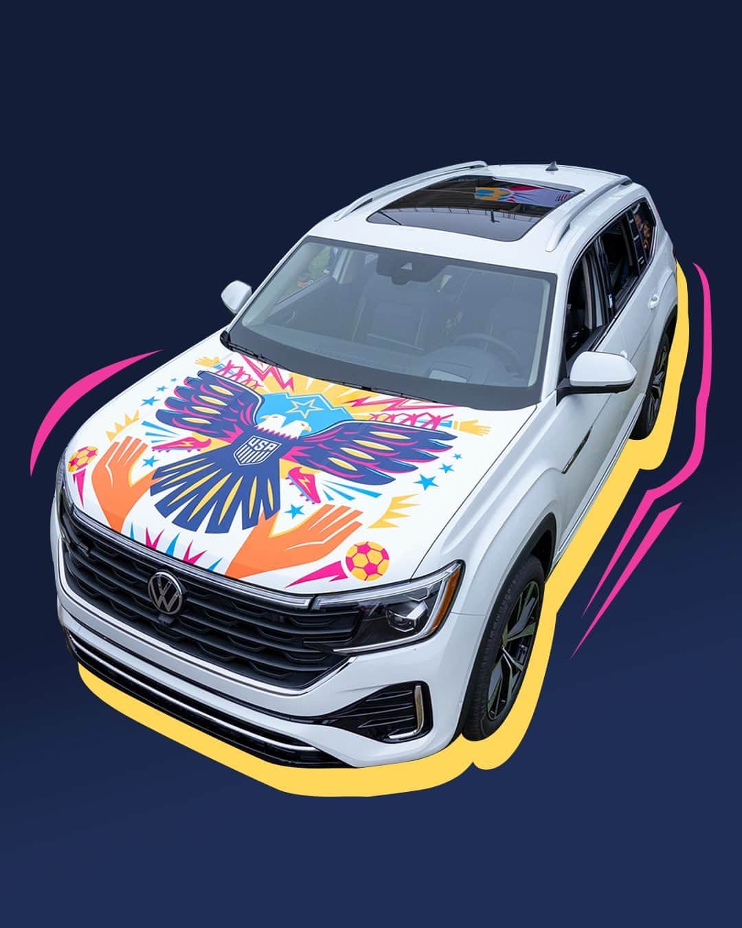 Volkswagen USAのインスタグラム：「A game that brings us together. A VW that gets us there.  In collaboration with @att and the @ussf, @usmnt player @pepi_ricardo and Latinx artist @luispins teamed up to create a custom design in celebration of Hispanic Heritage Month and the diverse players who represent U.S. Soccer. We think their ode to Unity and Family looks pretty great on the Atlas, too.  #VW #VWAtlas #VWLove #HispanicHeritageMonth」
